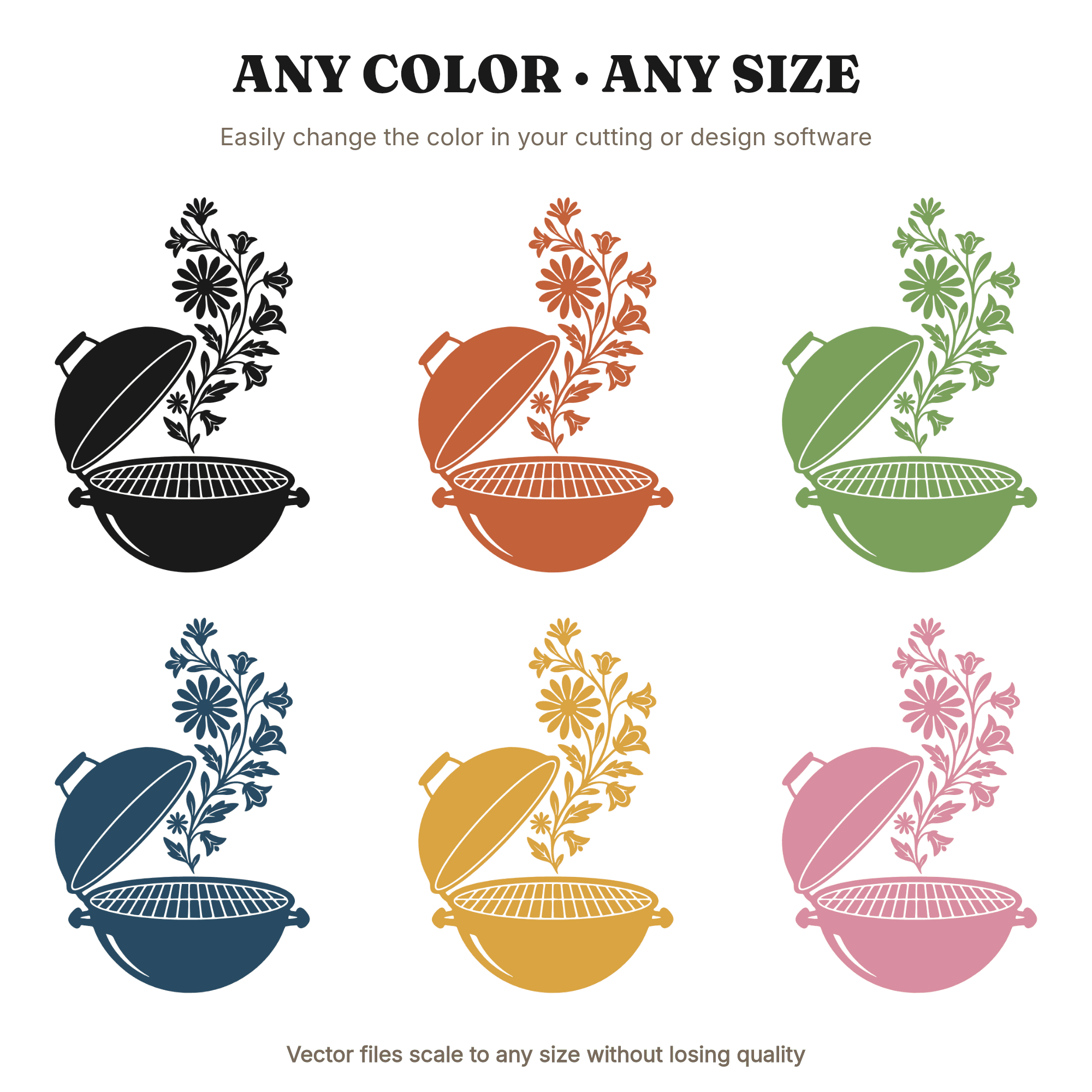 Vintage Kettle Grill SVG PNG, Wildflower BBQ Smoke Trails, Cottagecore Father's Day Cut File — view 2