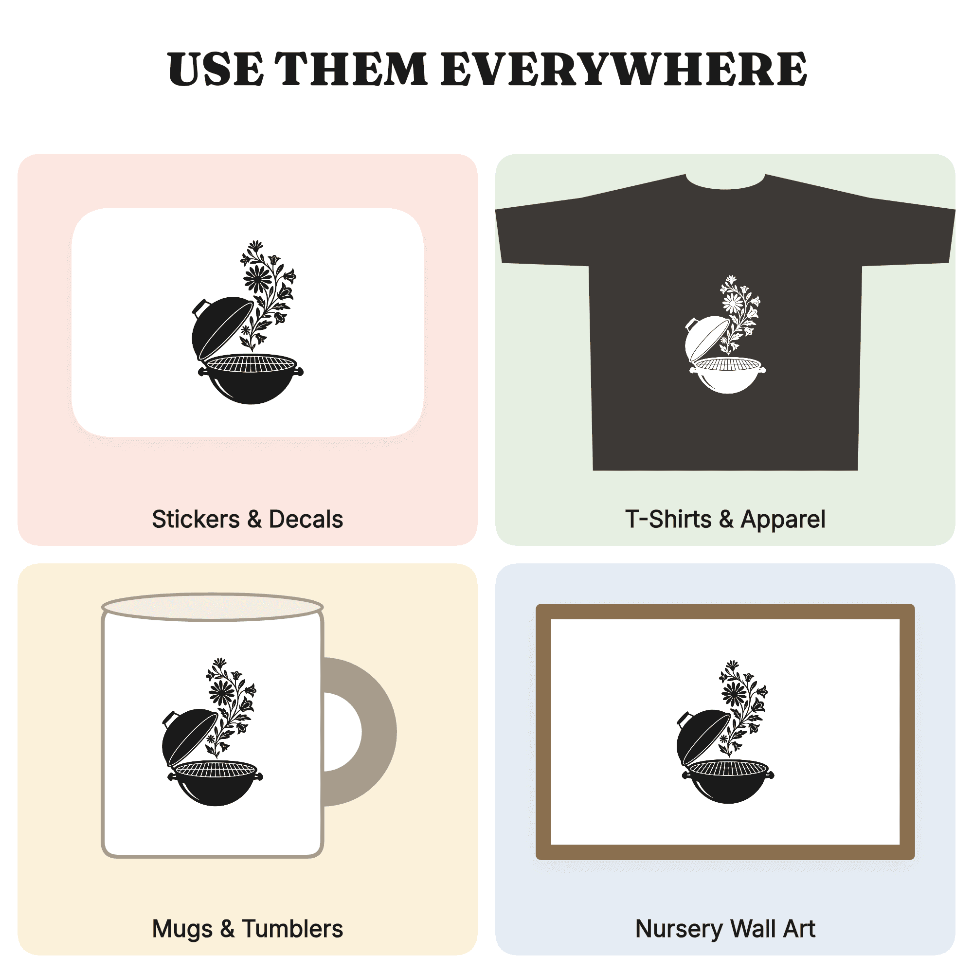 Vintage Kettle Grill SVG PNG, Wildflower BBQ Smoke Trails, Cottagecore Father's Day Cut File — view 3