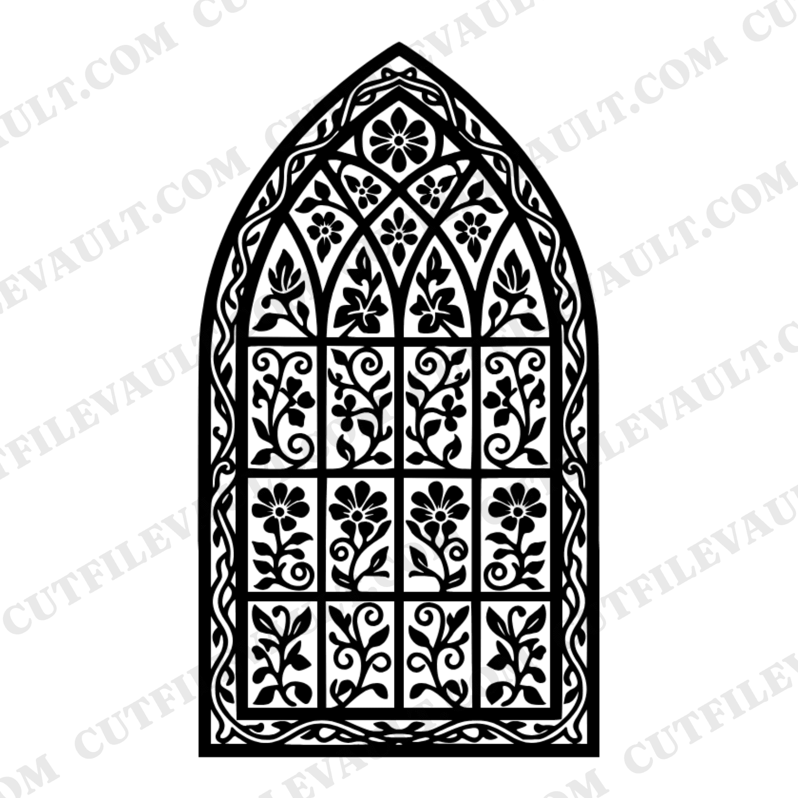 Gothic Arch Window SVG PNG, Botanical Stained Glass Floral Vine Wedding Invitation Cut File