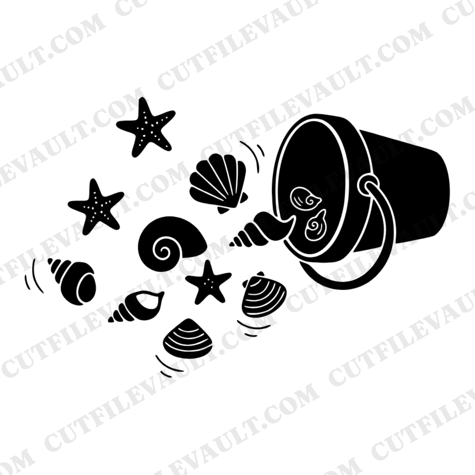 Tipped Beach Bucket SVG PNG, Seashells Starfish Summer Cut File, Coastal Beach Decor Line Art