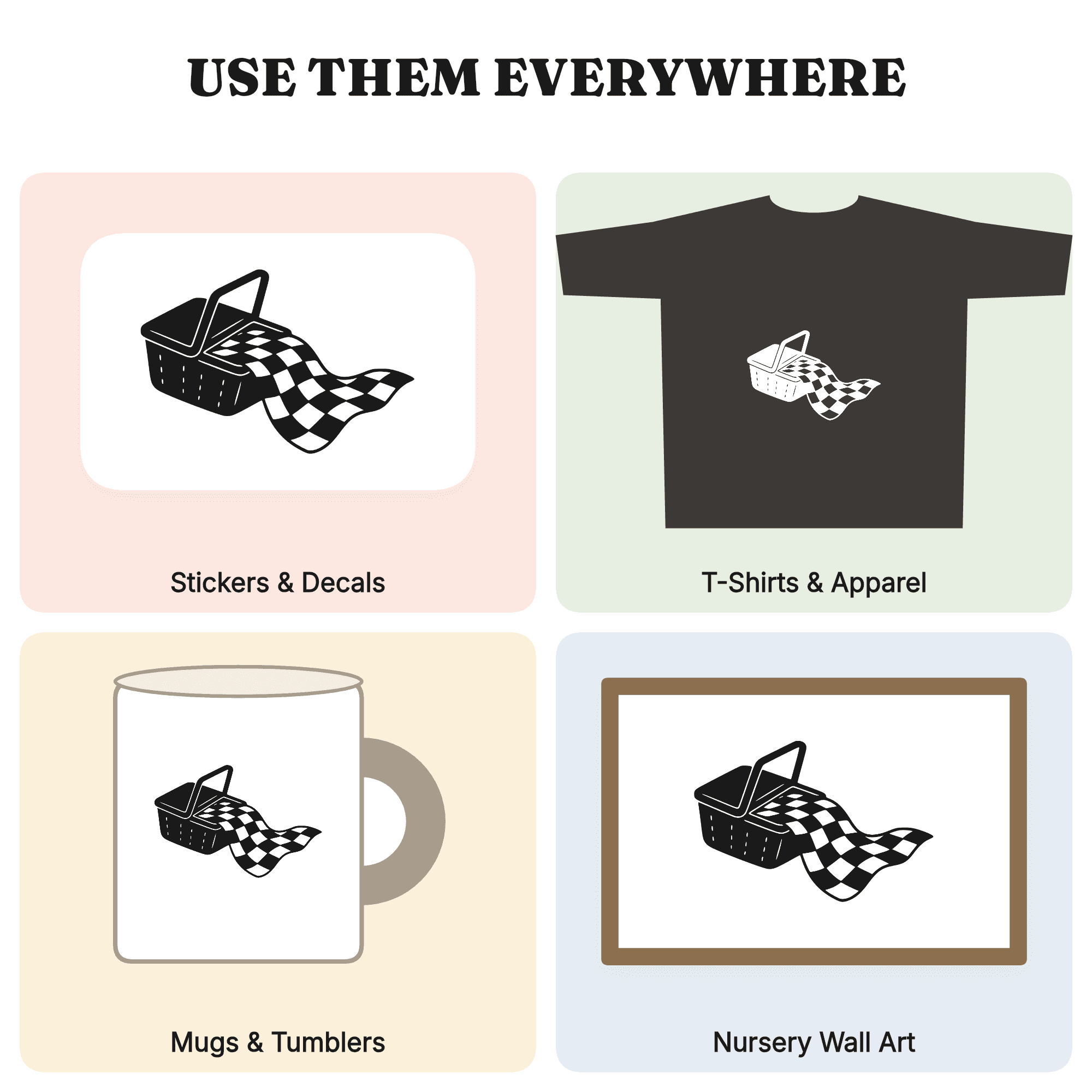 Vintage Picnic Hamper SVG PNG, Retro 70s Wicker Basket with Checkered Blanket, Picnic Day Cut File — view 3
