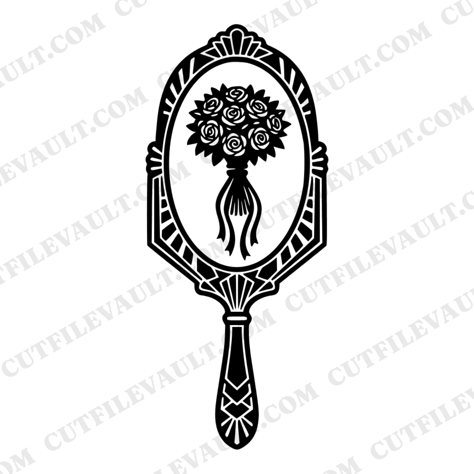 Art Deco Bridal Mirror SVG PNG, Vintage Hand Mirror with Bouquet Reflection Cut File for Wedding Decor