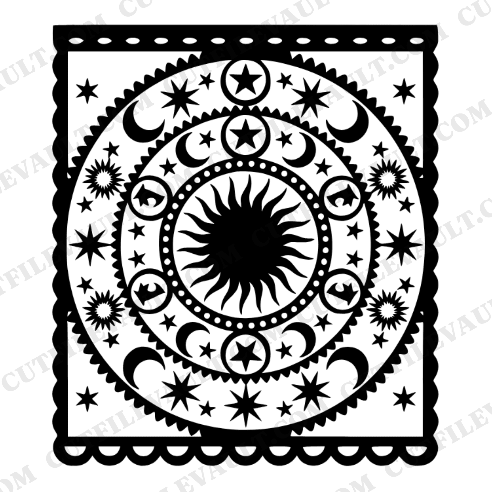 Celestial Mandala Papel Picado SVG PNG, Moon Phases Sun Stars Banner Panel Cut File for Cricut