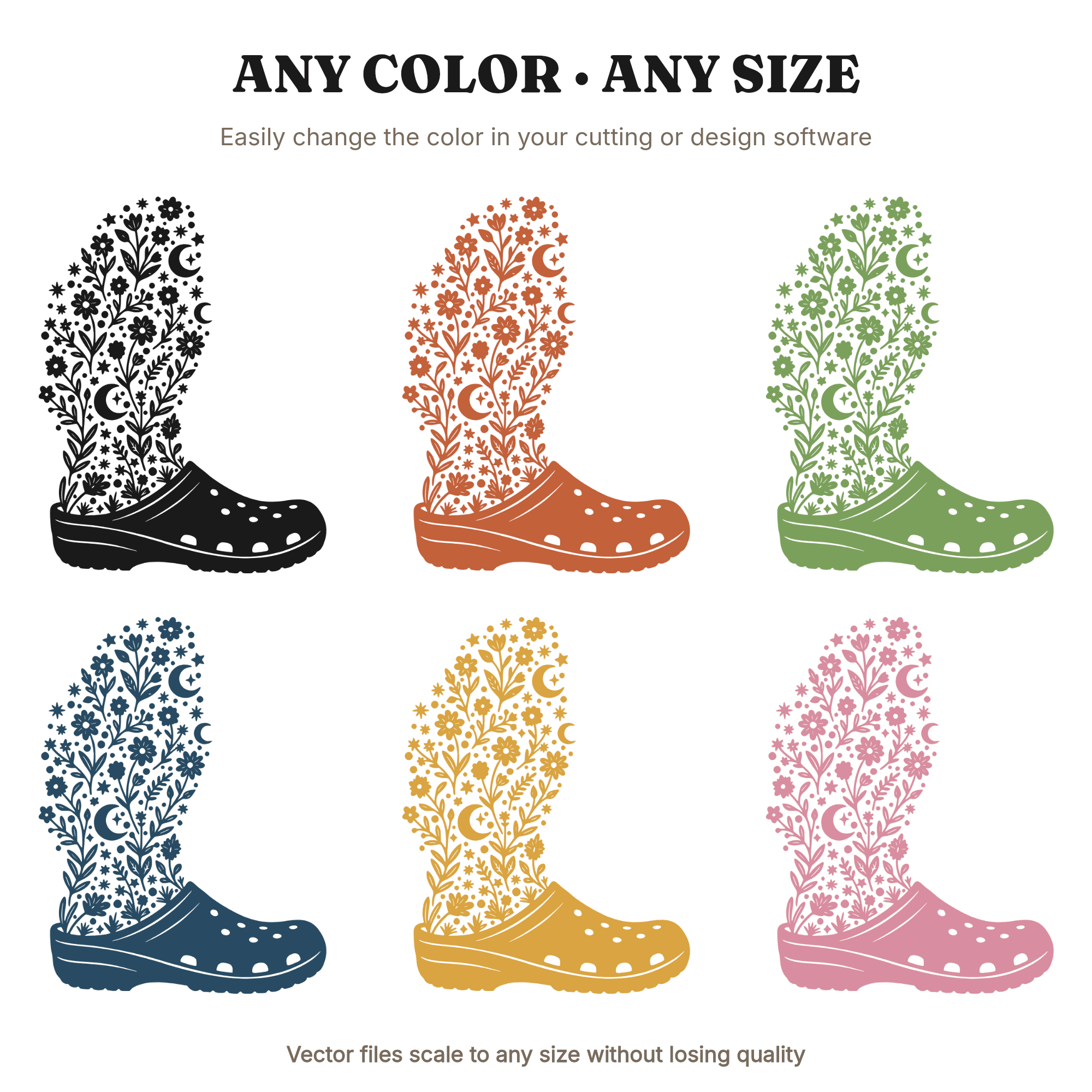 Celestial Garden Clogs SVG PNG, Wildflower Moon Phases Cut File, Mystical Gardening Mom Design — view 2