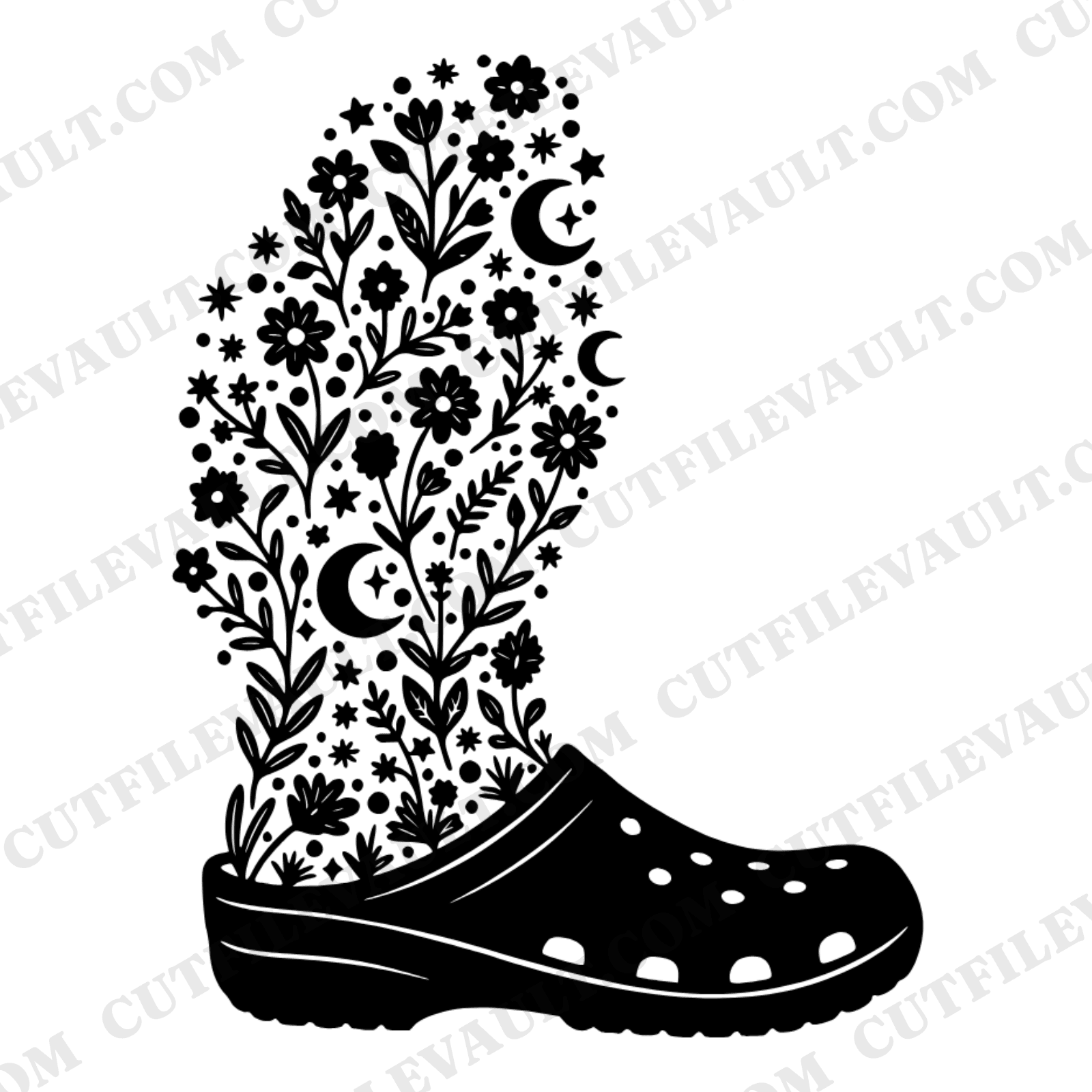 Celestial Garden Clogs SVG PNG, Wildflower Moon Phases Cut File, Mystical Gardening Mom Design — view 1