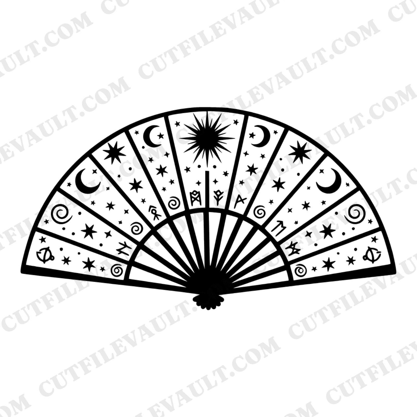 Summer Solstice Celestial Fan SVG PNG, Mystical Folding Fan Silhouette Cut File, Mandala Design