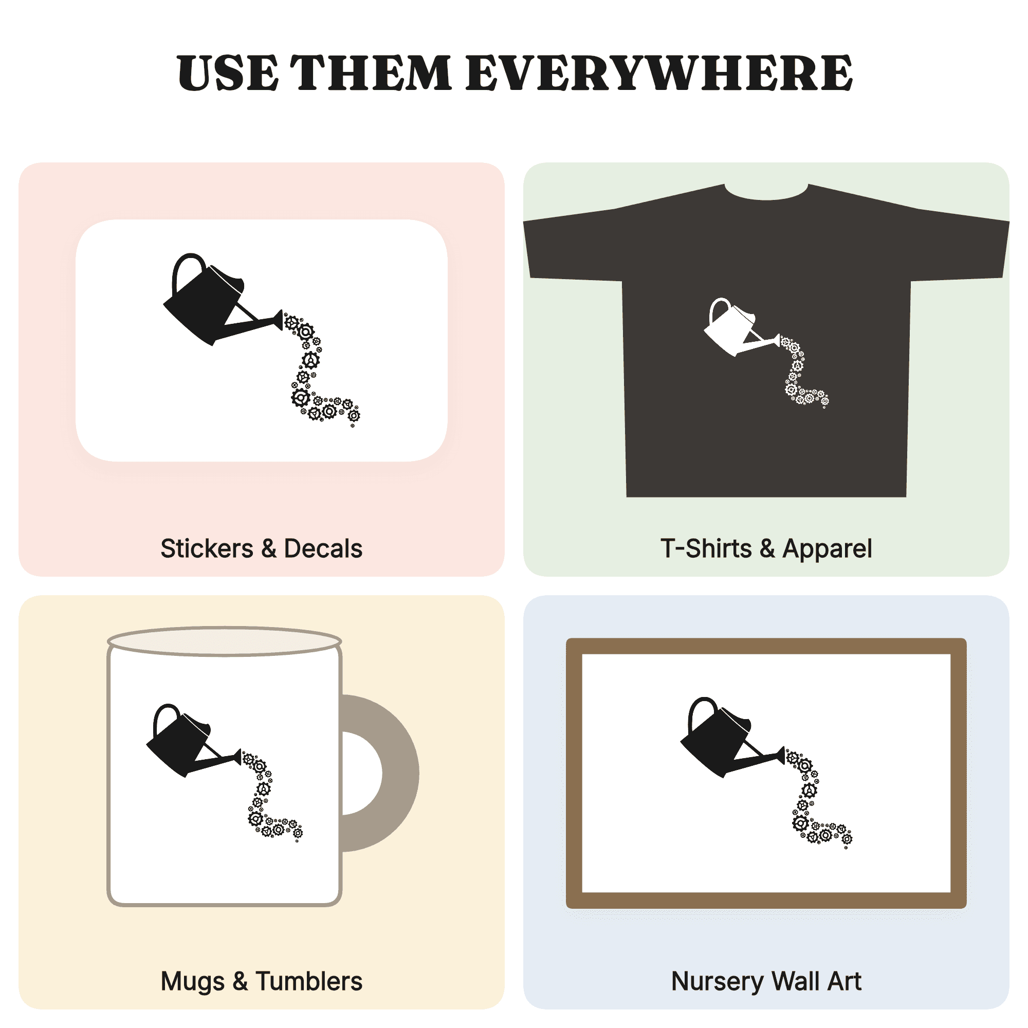 Vintage Watering Can SVG PNG, Steampunk Gear Droplets Cut File, Mother's Day Craft Design — view 3