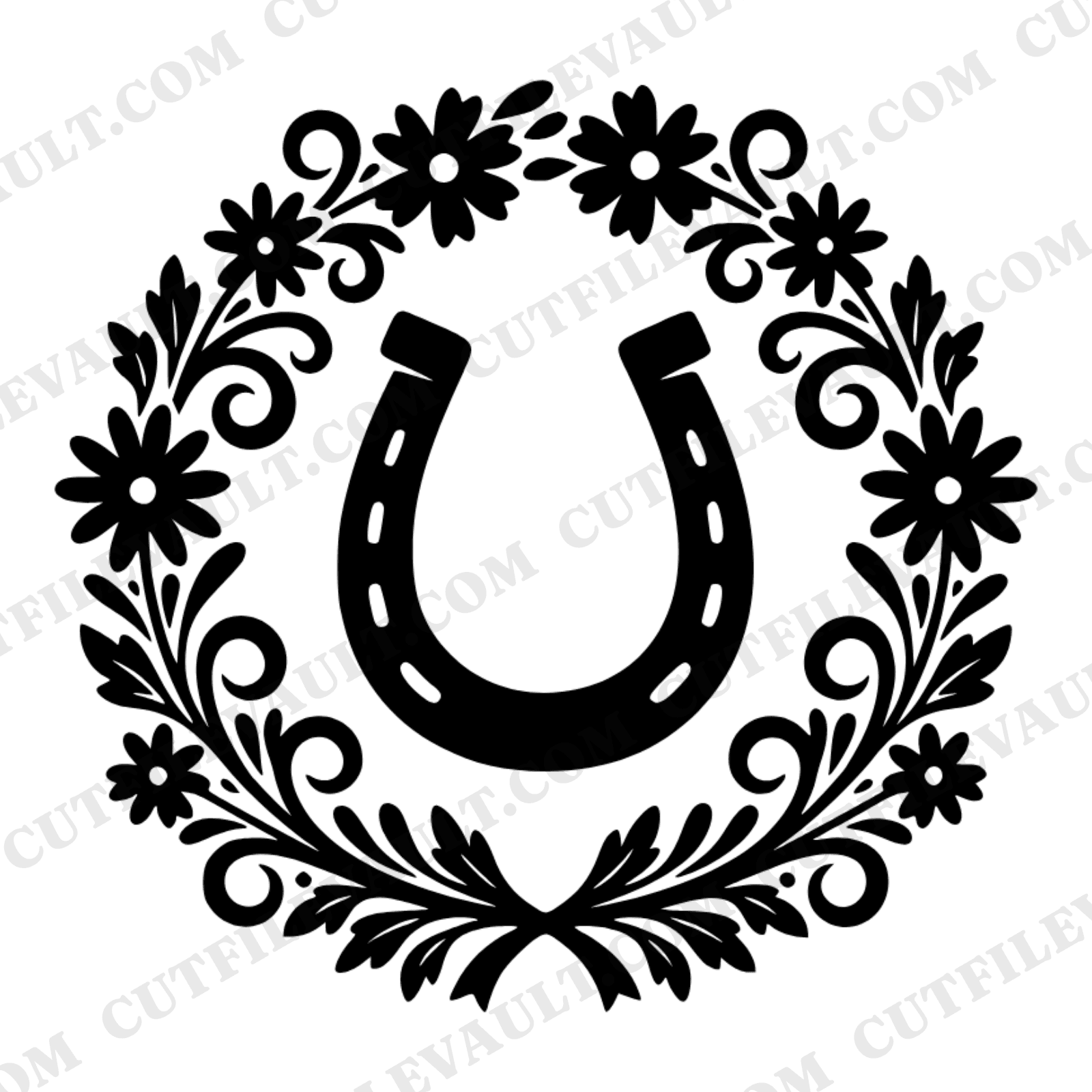 Vintage Horseshoe Wildflower Wreath SVG PNG Wedding Emblem Cut File Scandinavian Line Art