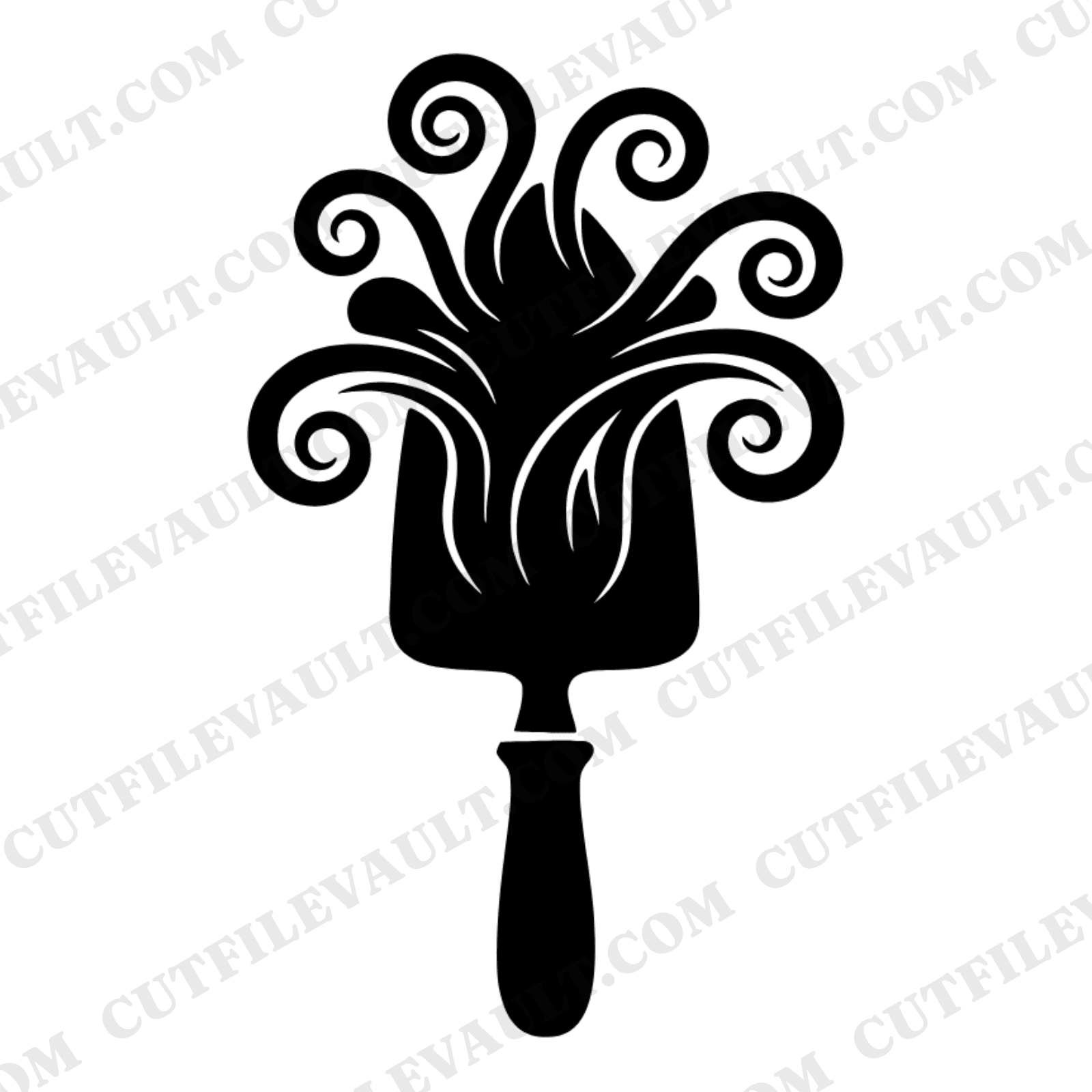 Summer Garden Trowel SVG PNG, Art Nouveau Flowing Soil Ribbons Cut File, Gardening Design Digital