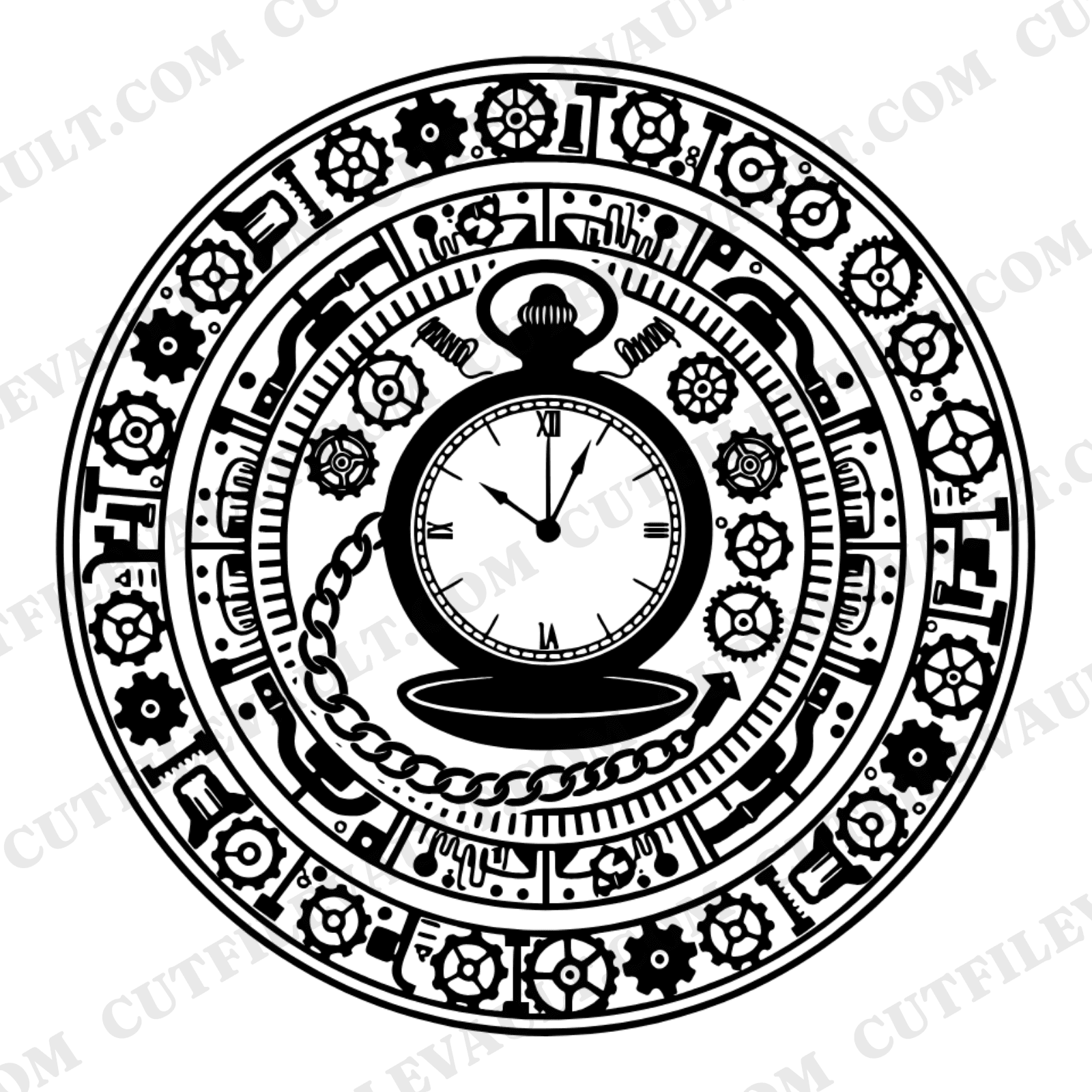 Vintage Pocket Watch Steampunk Mandala SVG PNG, Father's Day Cut File, Gears Chain Design