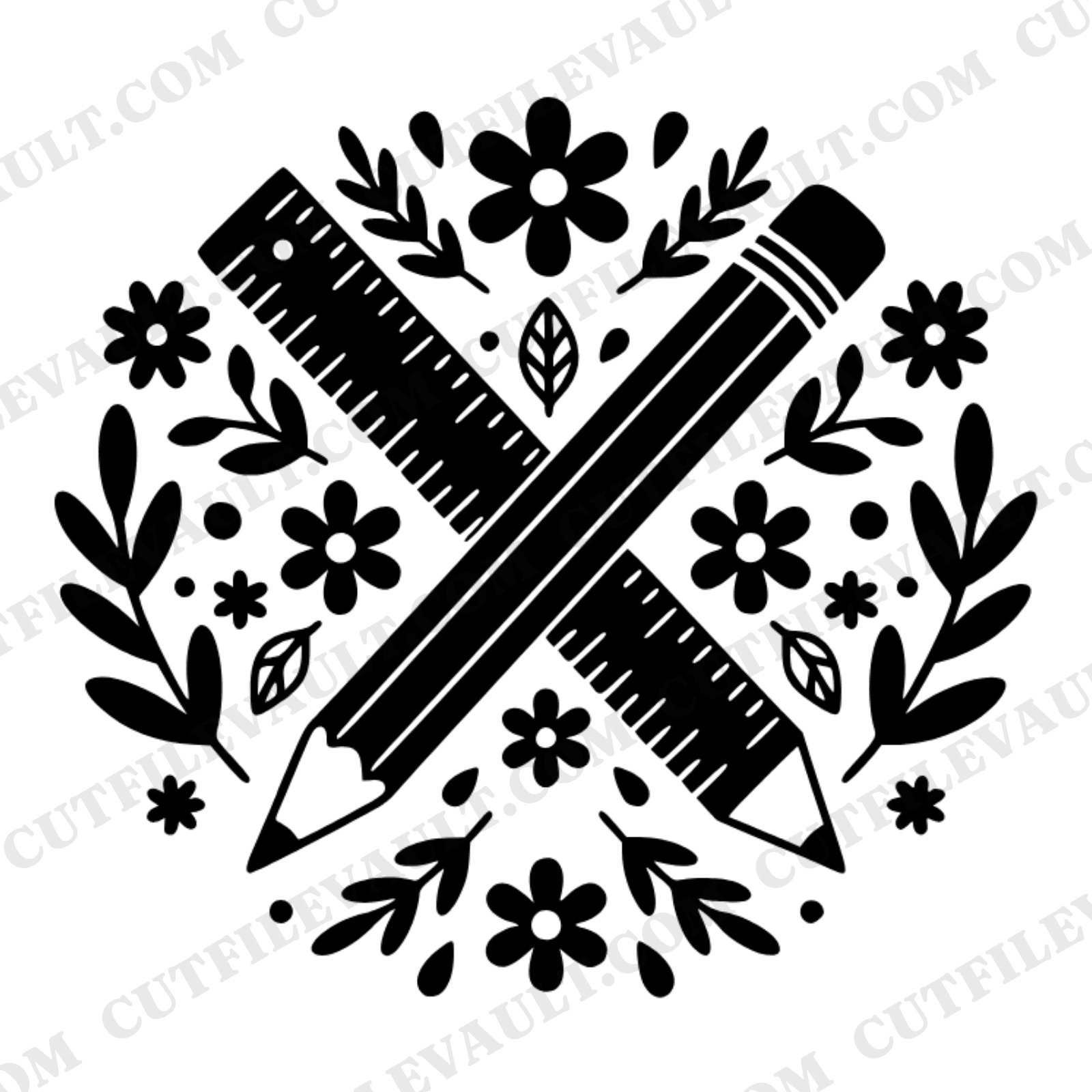 Vintage Ruler Pencil Cross SVG PNG Back to School Cottagecore Floral Cut File Teacher Clipart