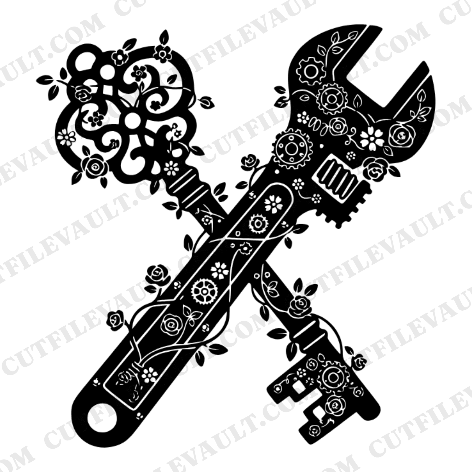 Father's Day Steampunk Wrench Key SVG PNG, Cottagecore Floral Tools Cut File for Dad