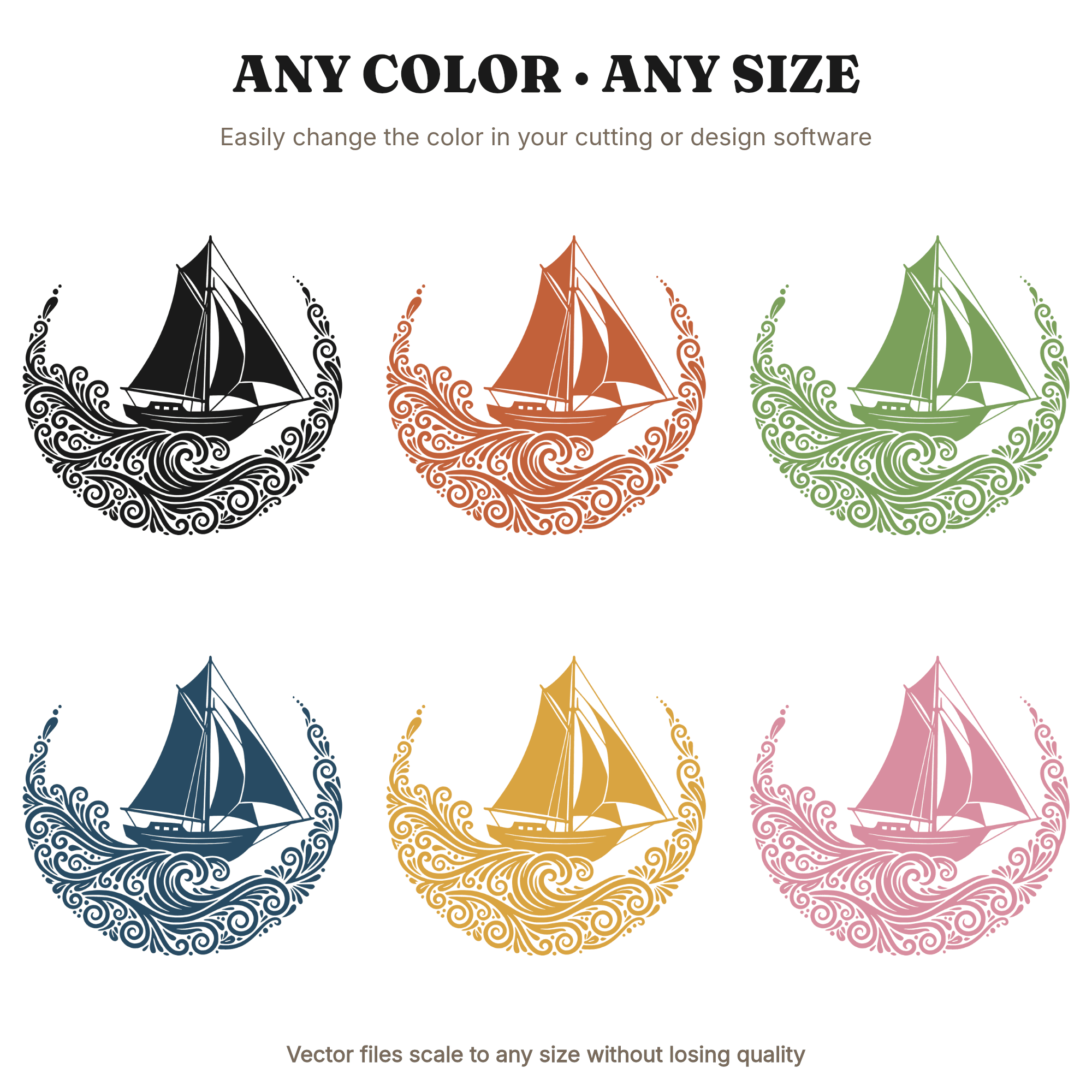 Summer Sailboat SVG PNG, Ornamental Wave Border, Boho Coastal Nautical Cut File for Cricut — view 2