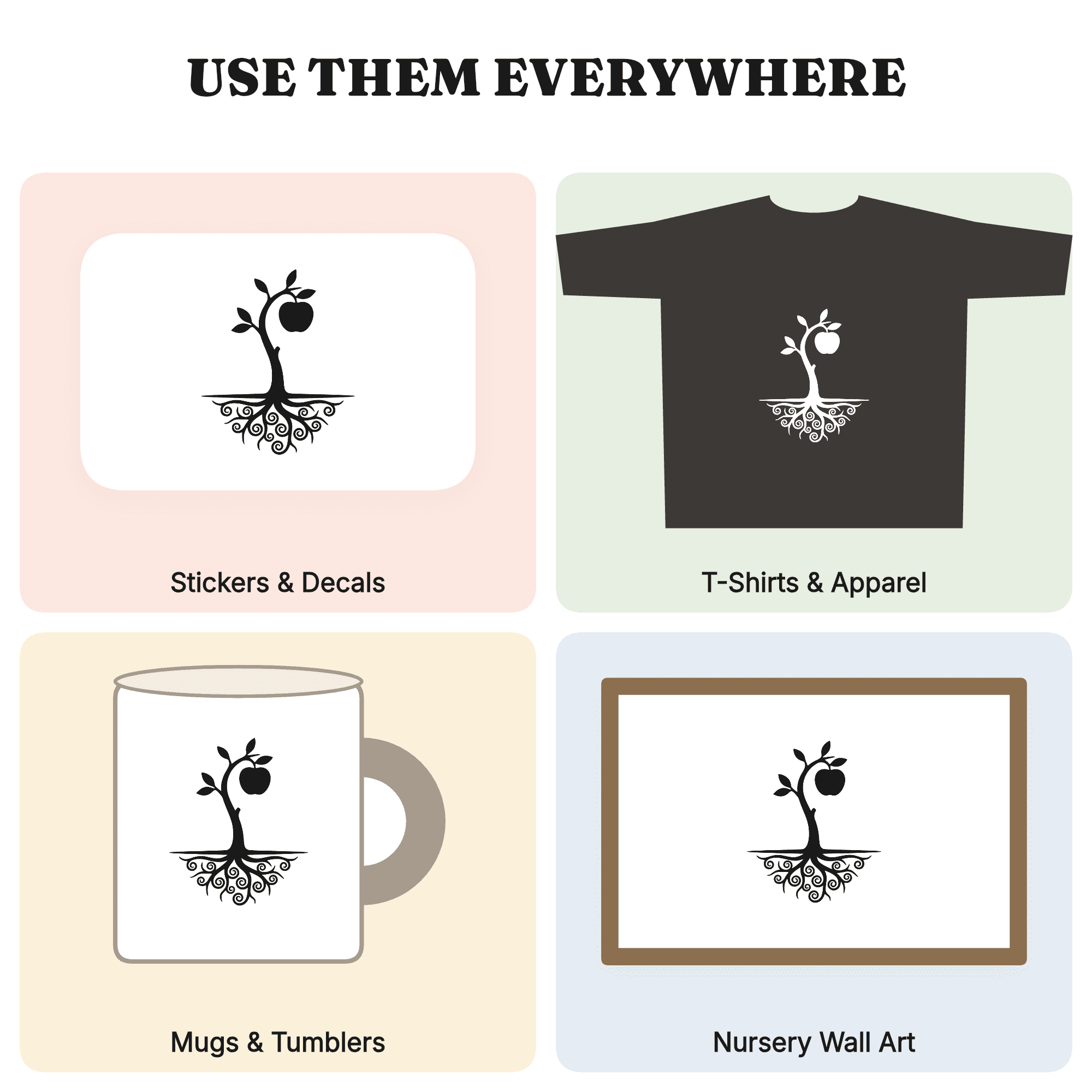 Apple Tree Sapling SVG PNG, Back to School Tree with Roots, Scandinavian Line Art Cut File — view 3