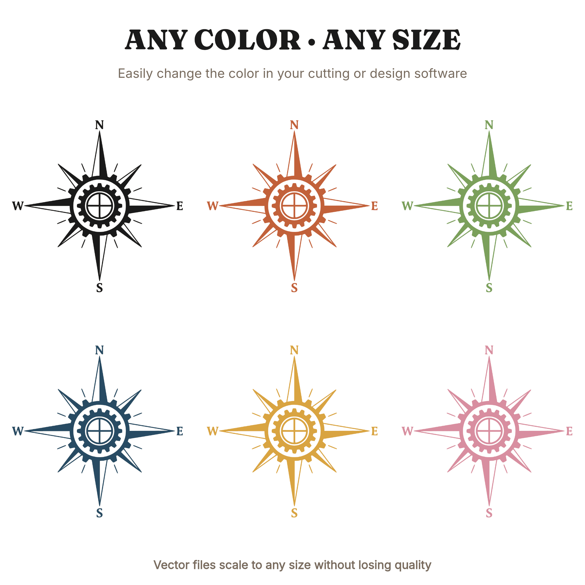 Summer Solstice Steampunk Compass Rose SVG PNG, Victorian Navigation Cut File, Industrial Gear Design — view 2
