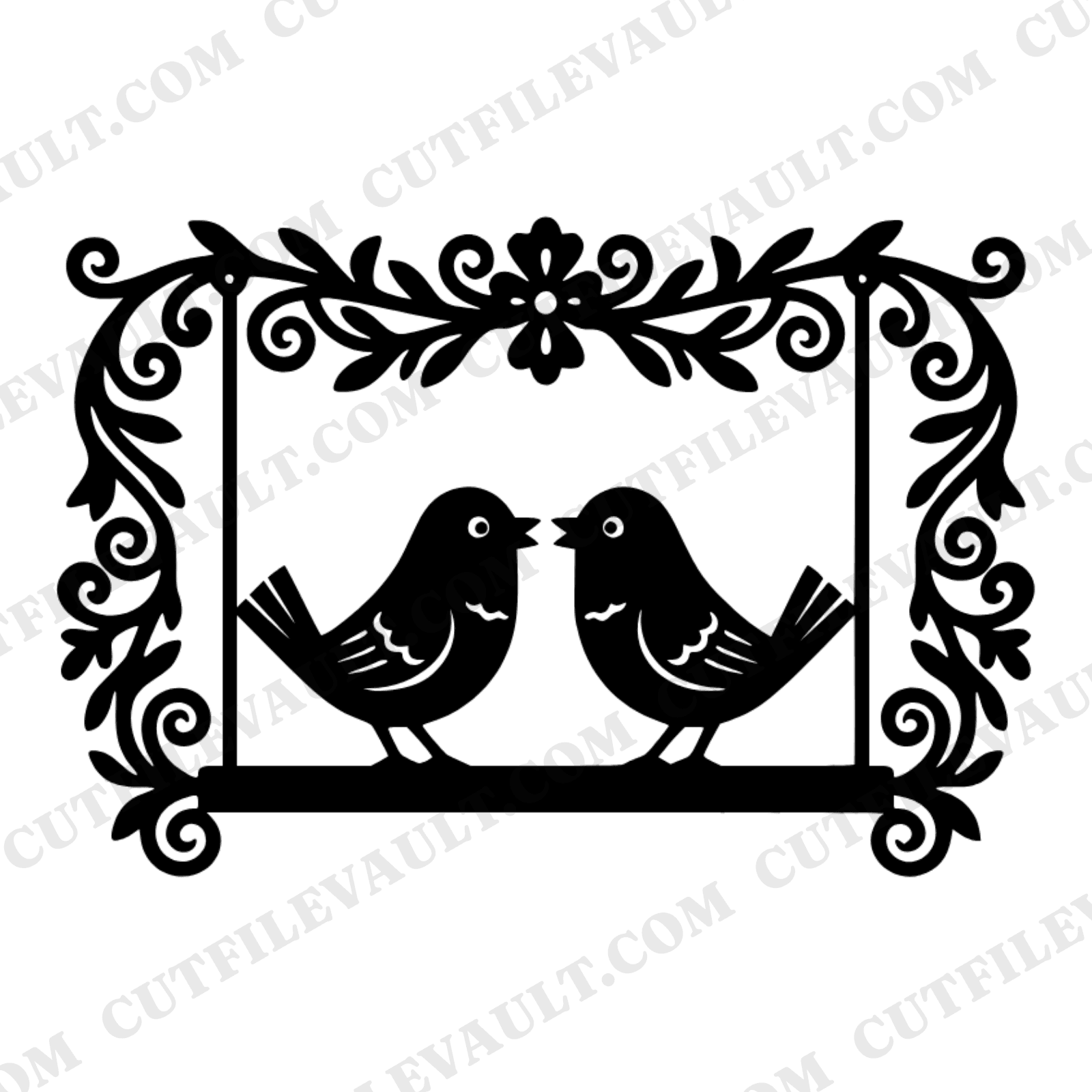 Folk Love Birds on Floral Swing SVG PNG, Scandinavian Wedding Papercut, Romantic Love Birds Cut File — view 1
