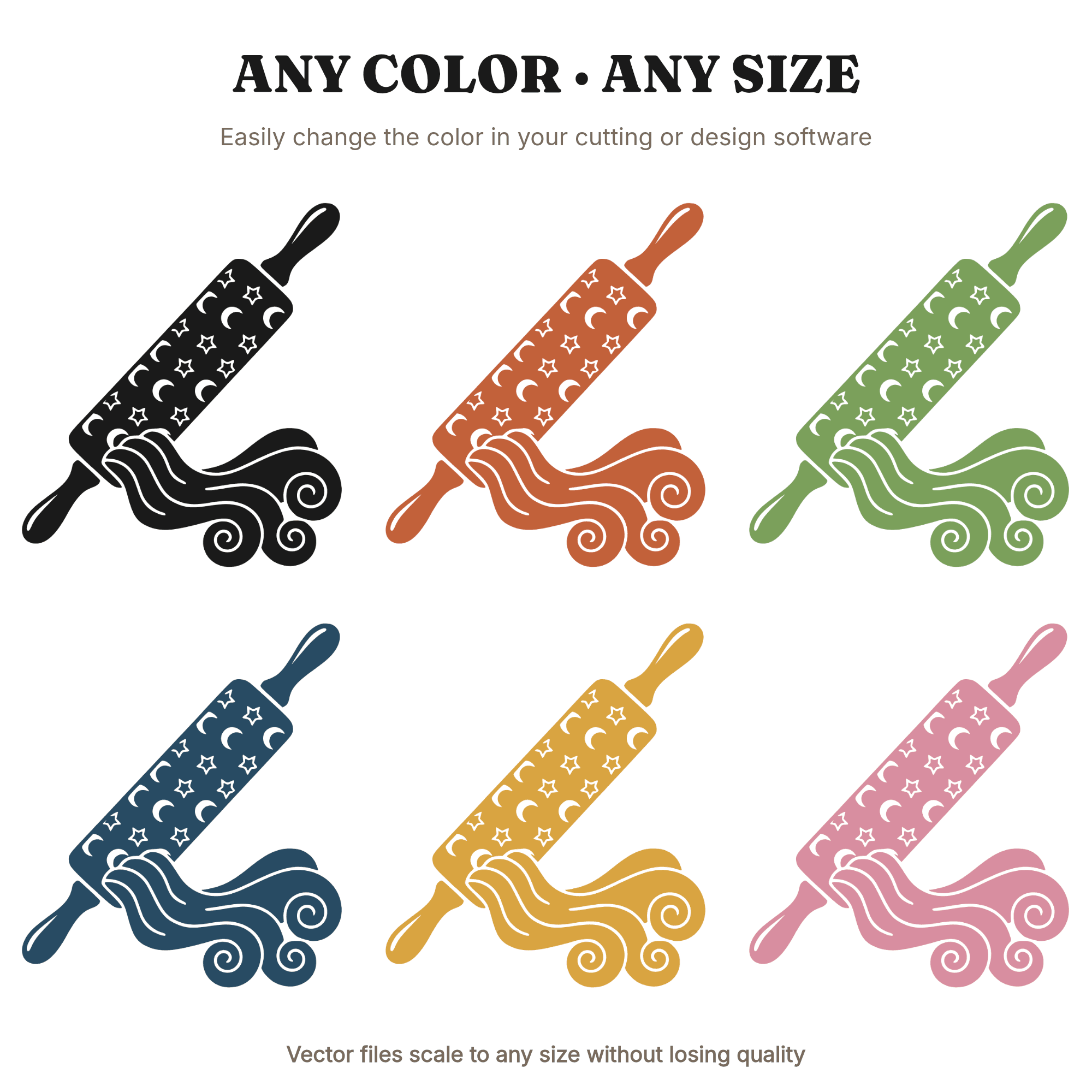 Celestial Rolling Pin SVG PNG, Mystical Moon Stars Dough Ribbon Cut File, Retro 70s Baking Design — view 2