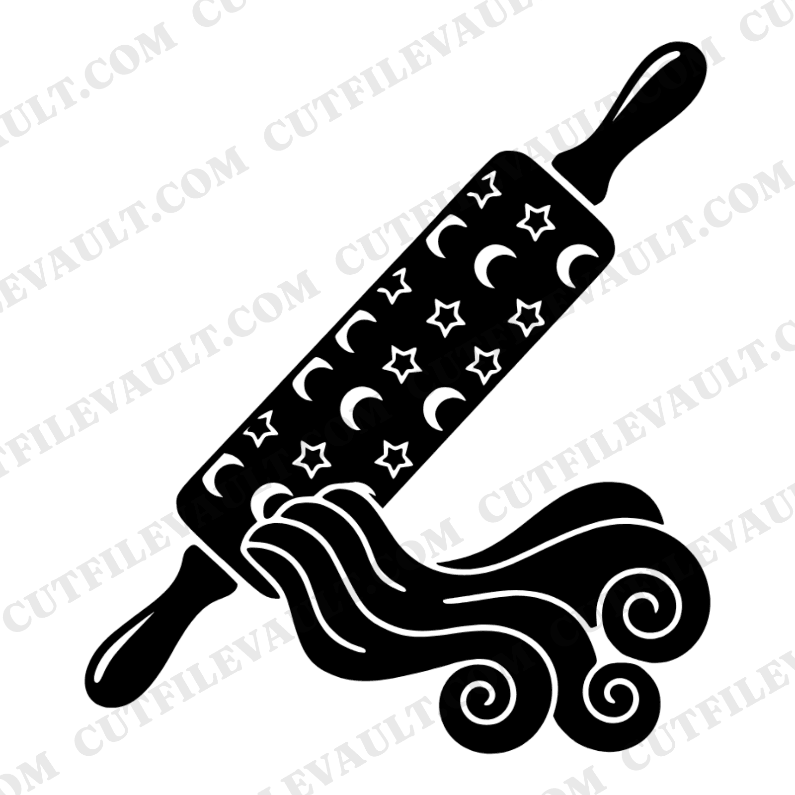 Celestial Rolling Pin SVG PNG, Mystical Moon Stars Dough Ribbon Cut File, Retro 70s Baking Design — view 1