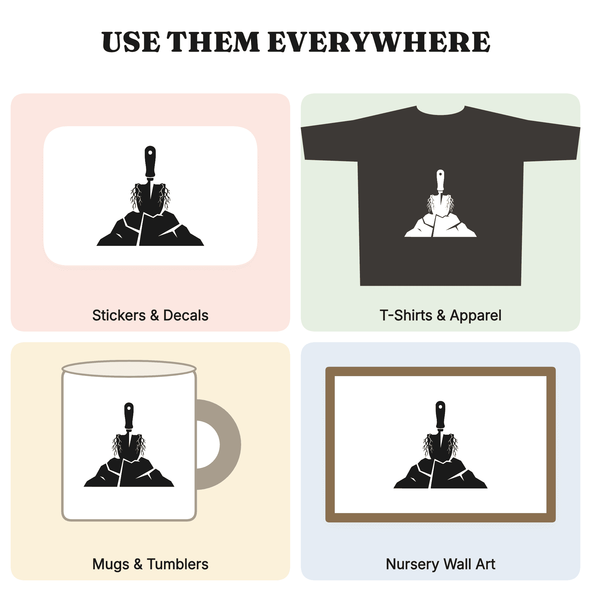Garden Trowel SVG, Rooted Soil Mound PNG, Gardening Tool Cut File, Modern Brutalist Silhouette — view 3