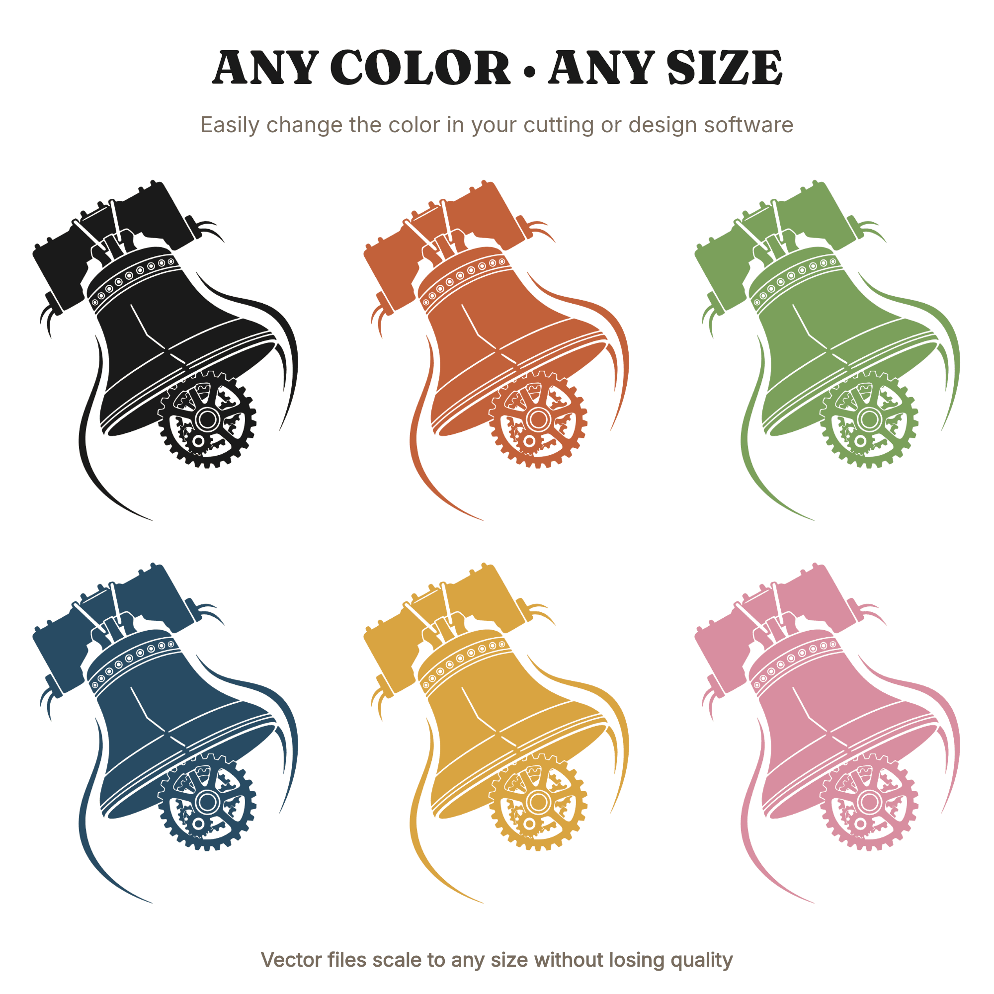 Steampunk Liberty Bell SVG PNG, Mid Swing Freedom Bell Cut File, Boho Gear Clapper Independence Day — view 2