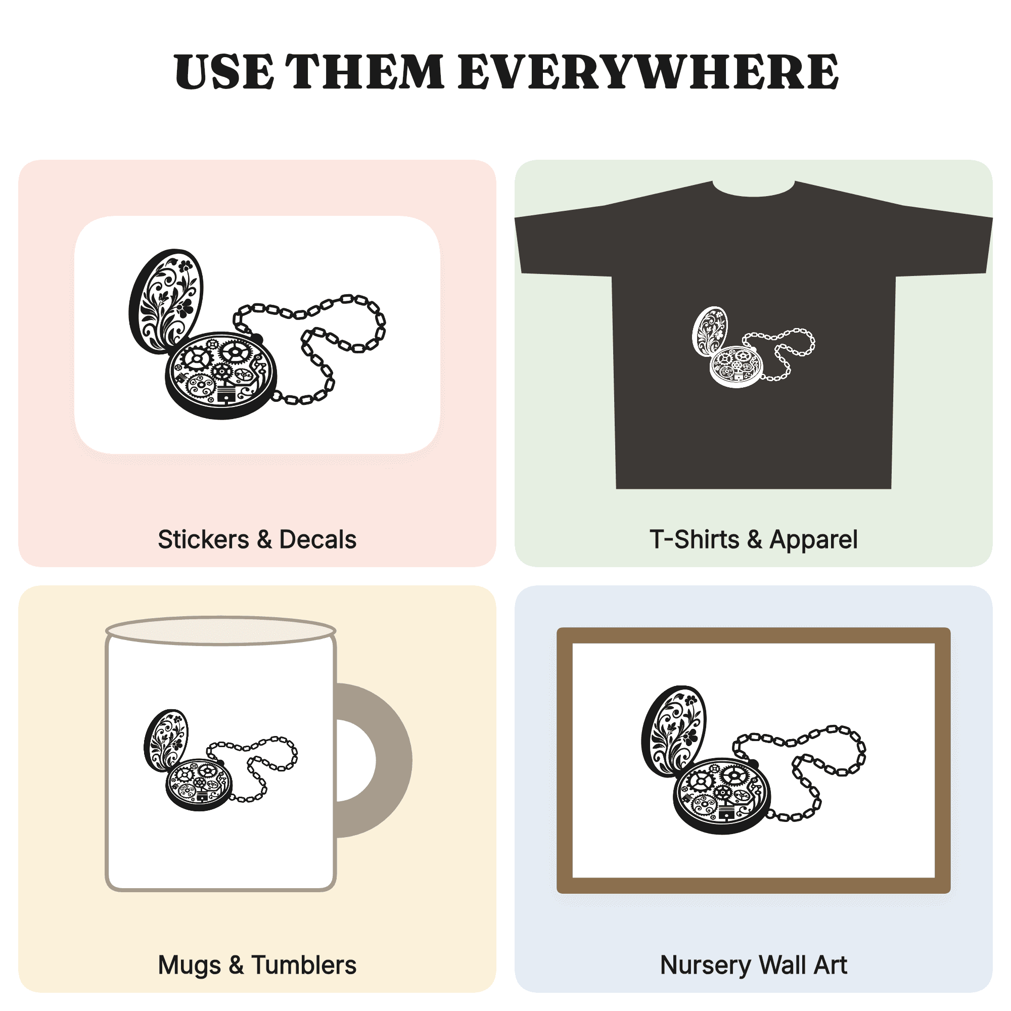 Steampunk Pocket Watch SVG PNG, Botanical Gears Cut File, Vintage Father's Day Design — view 3