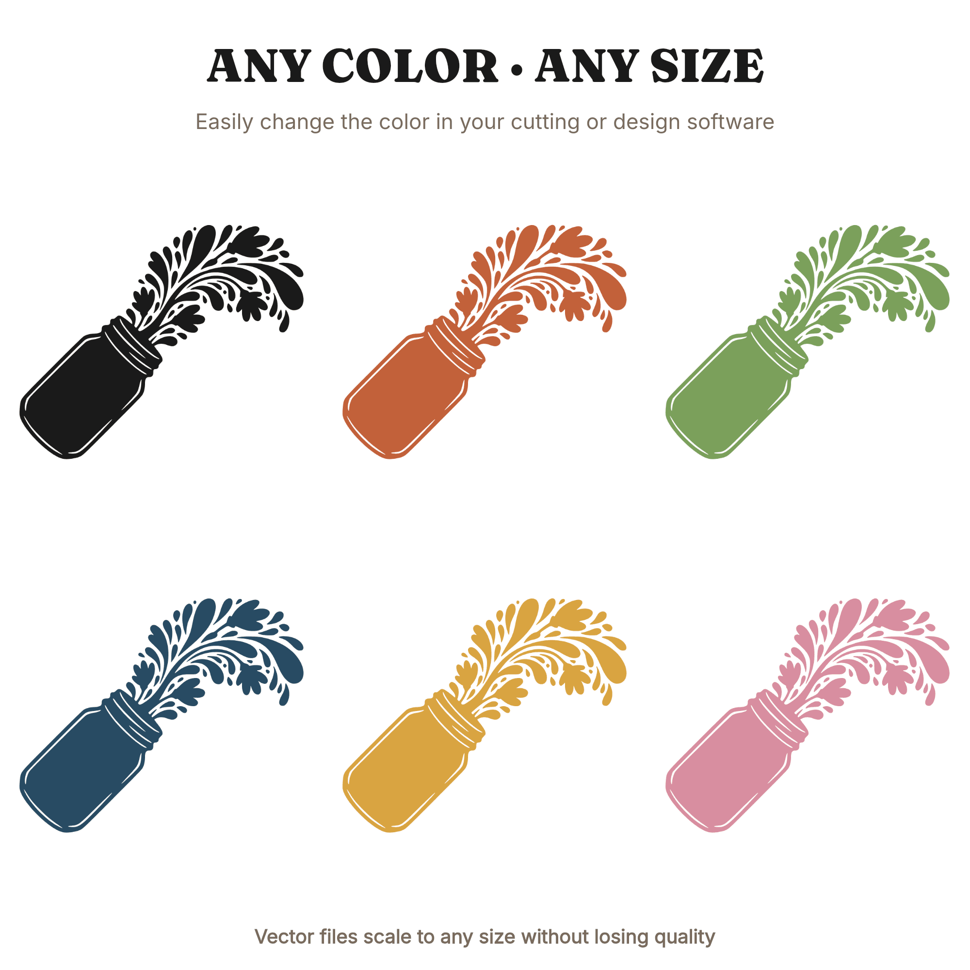 Tilted Mason Jar Wildflower SVG PNG, Rustic Wedding Cascade Cut File, Floral Abstract Silhouette — view 2