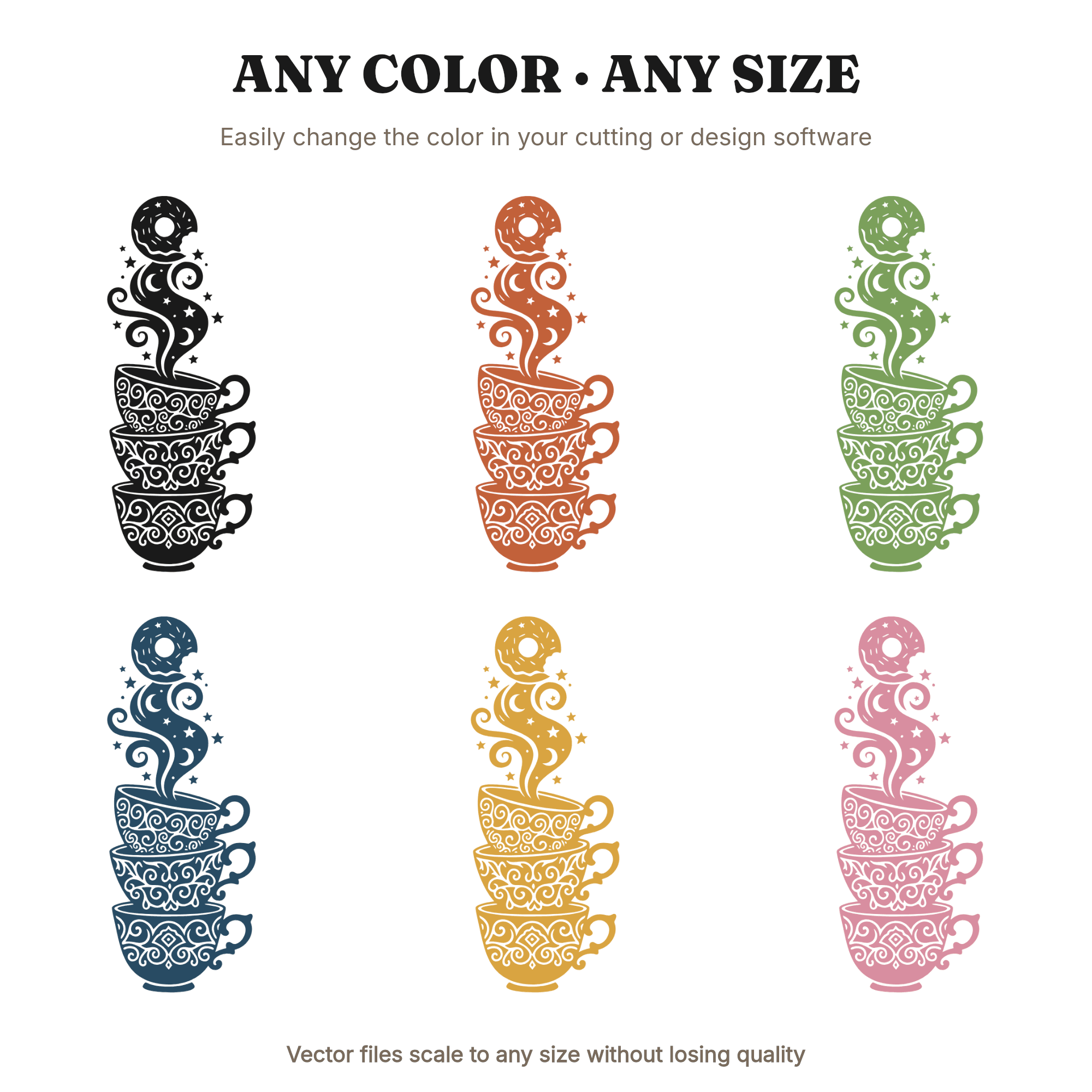 Celestial Teacup Tower SVG PNG, Mystical Donut Day Coffee Stack Cut File, Moon Stars Steam Swirls — view 2