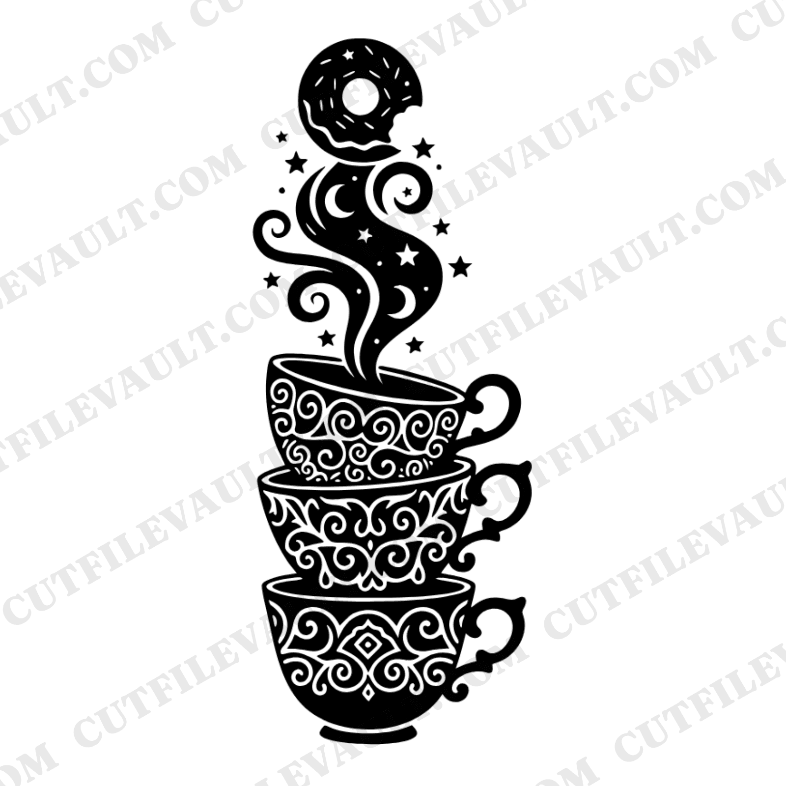 Celestial Teacup Tower SVG PNG, Mystical Donut Day Coffee Stack Cut File, Moon Stars Steam Swirls — view 1