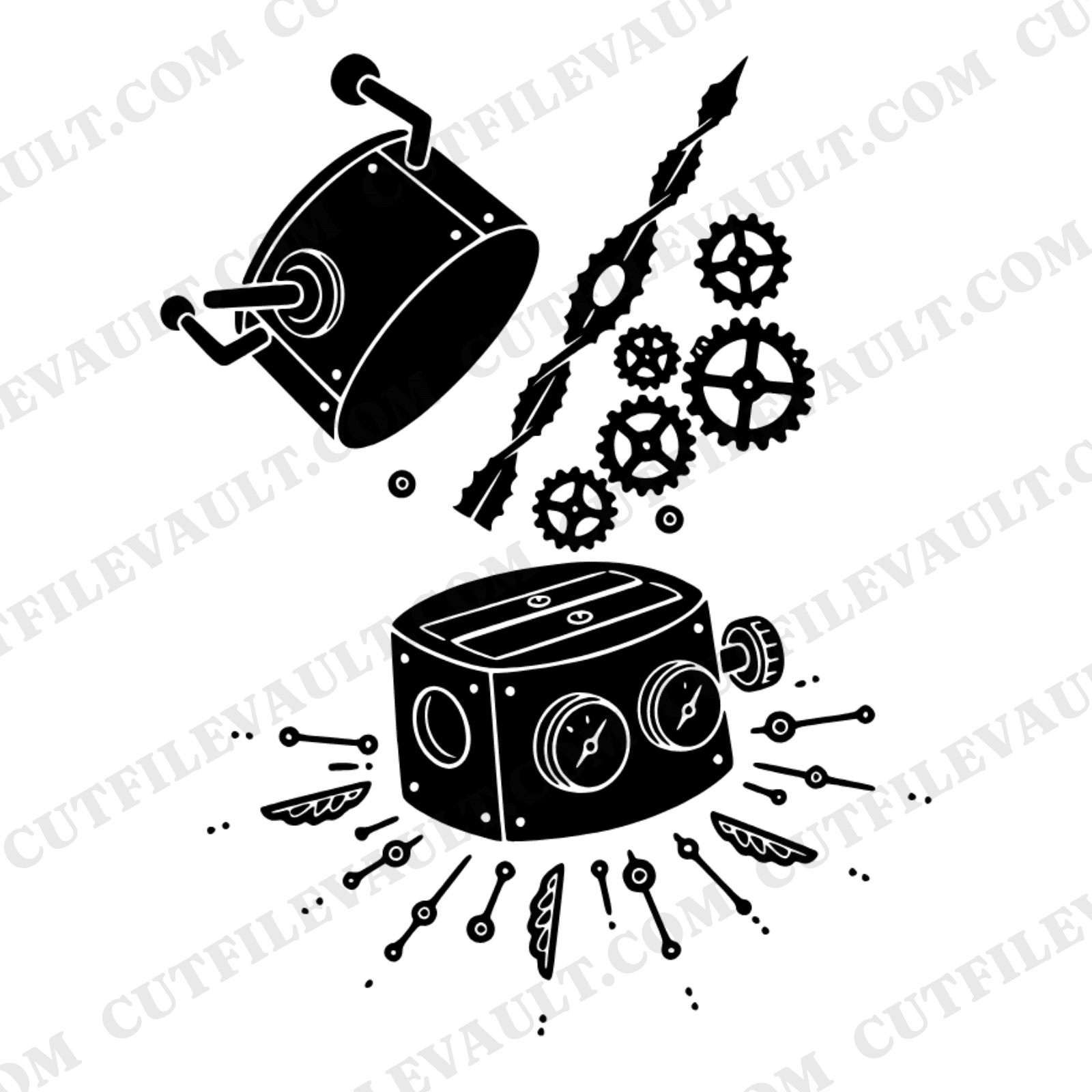 Steampunk Pencil Sharpener SVG PNG Exploded Diagram Cut File Victorian Mechanical Gear Line Art — view 1