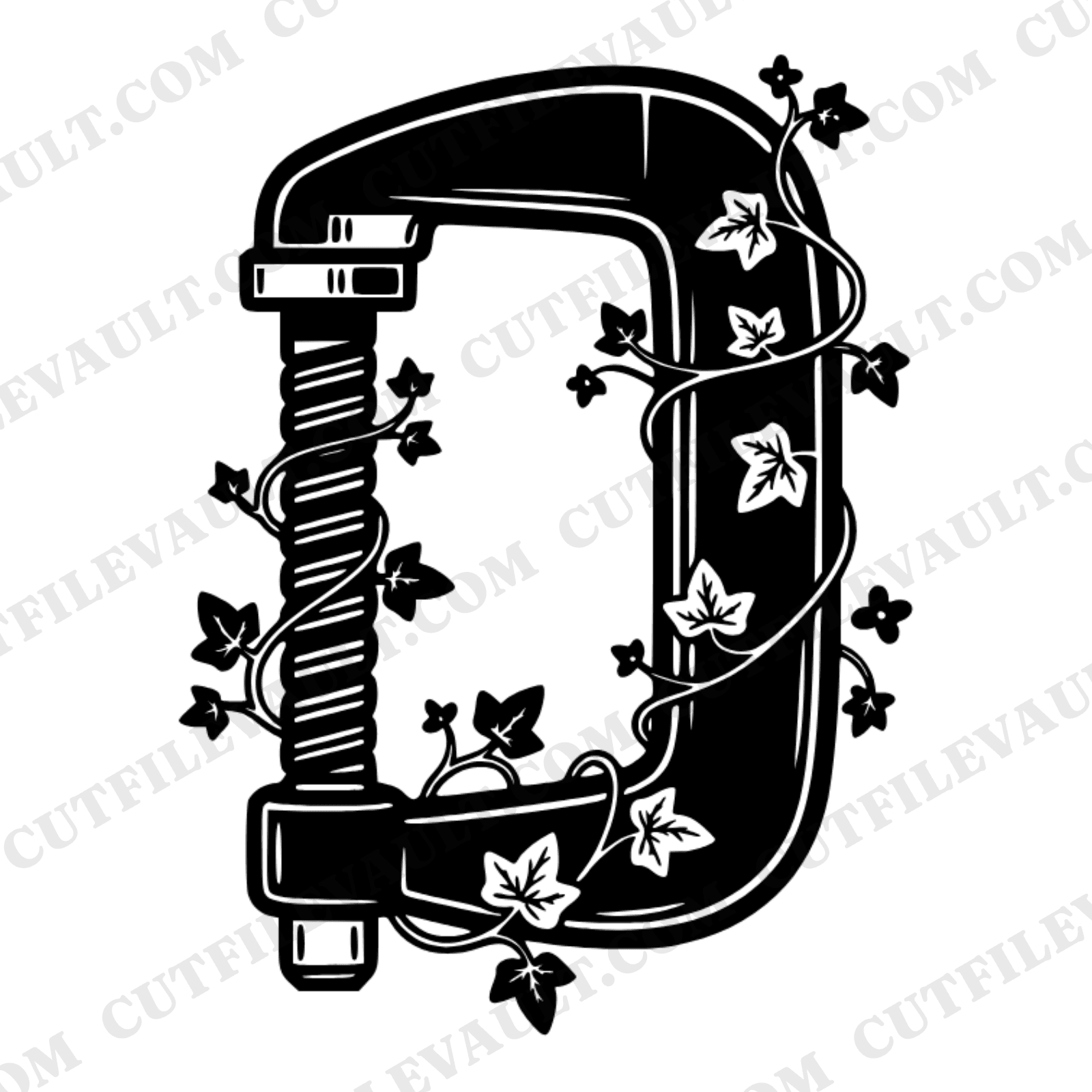 Summer C Clamp SVG with Floral Vines PNG, Woodworking Tool Shadow Silhouette Cut File Cottagecore — view 1