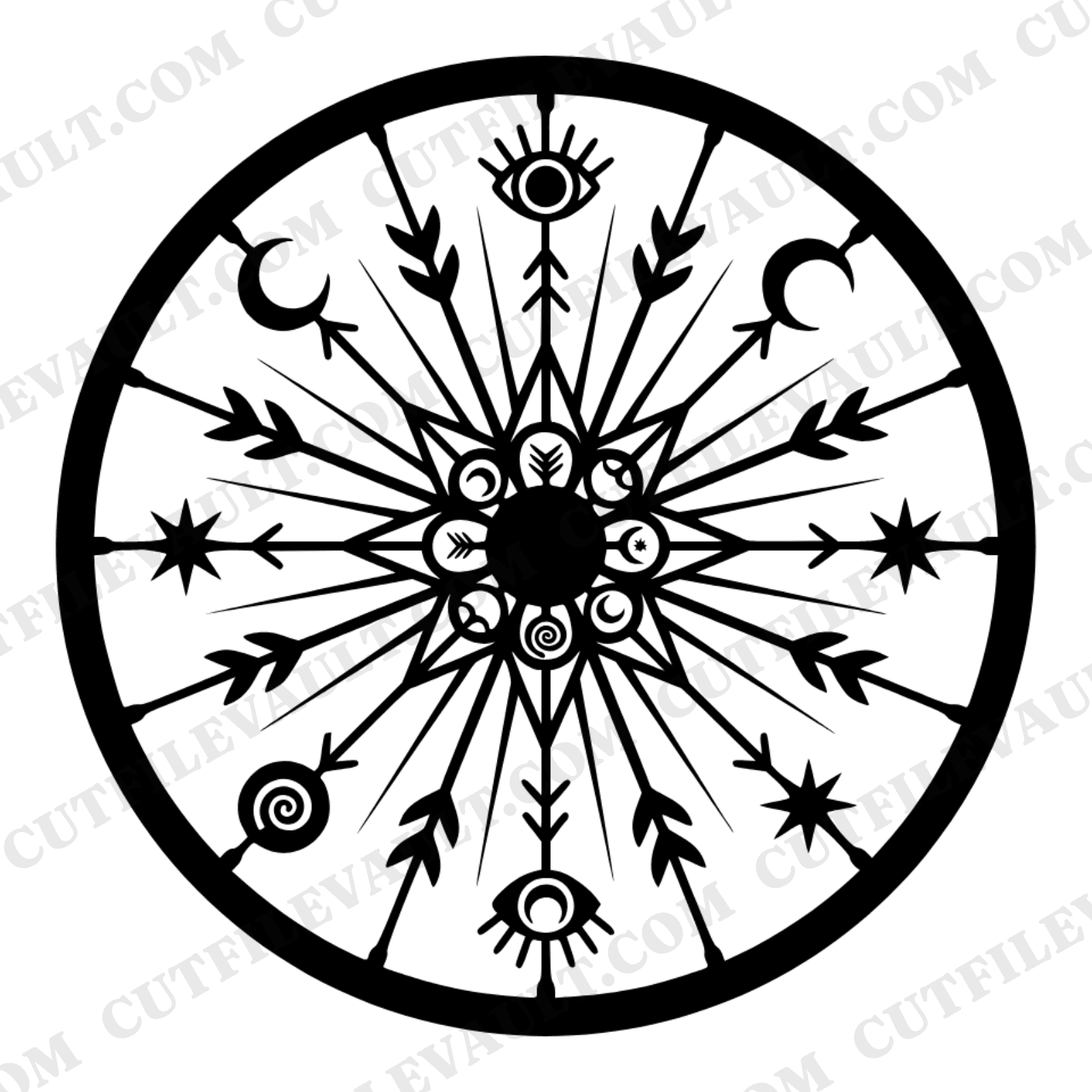 Summer Solstice Bicycle Wheel Mandala SVG PNG, Celestial Bike Mandala Cut File, Mystical Sun Ray Design — view 1