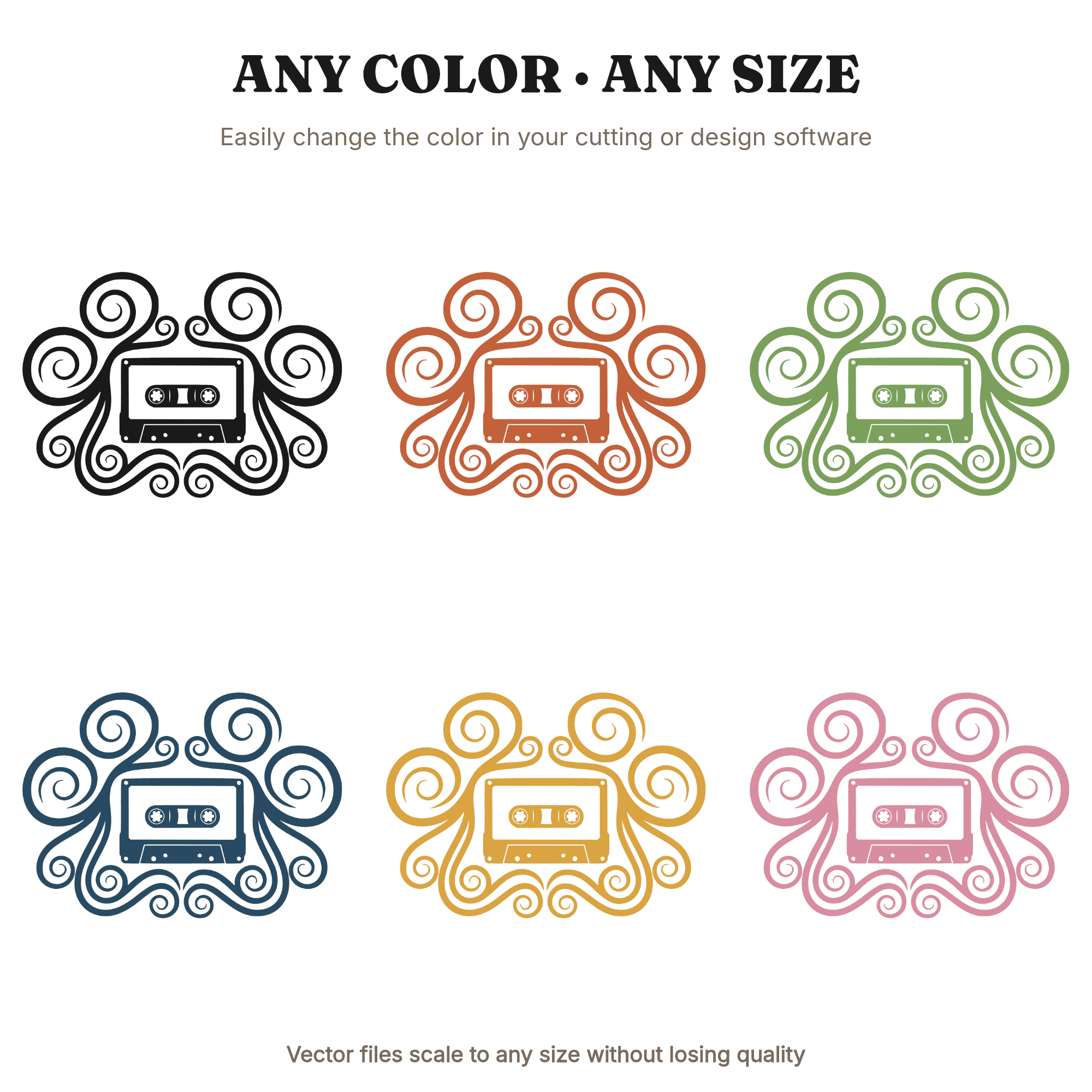 Retro Cassette Summer Solstice SVG PNG, 70s Boho Spiral Tape Cut File, Groovy Silhouette Design — view 2