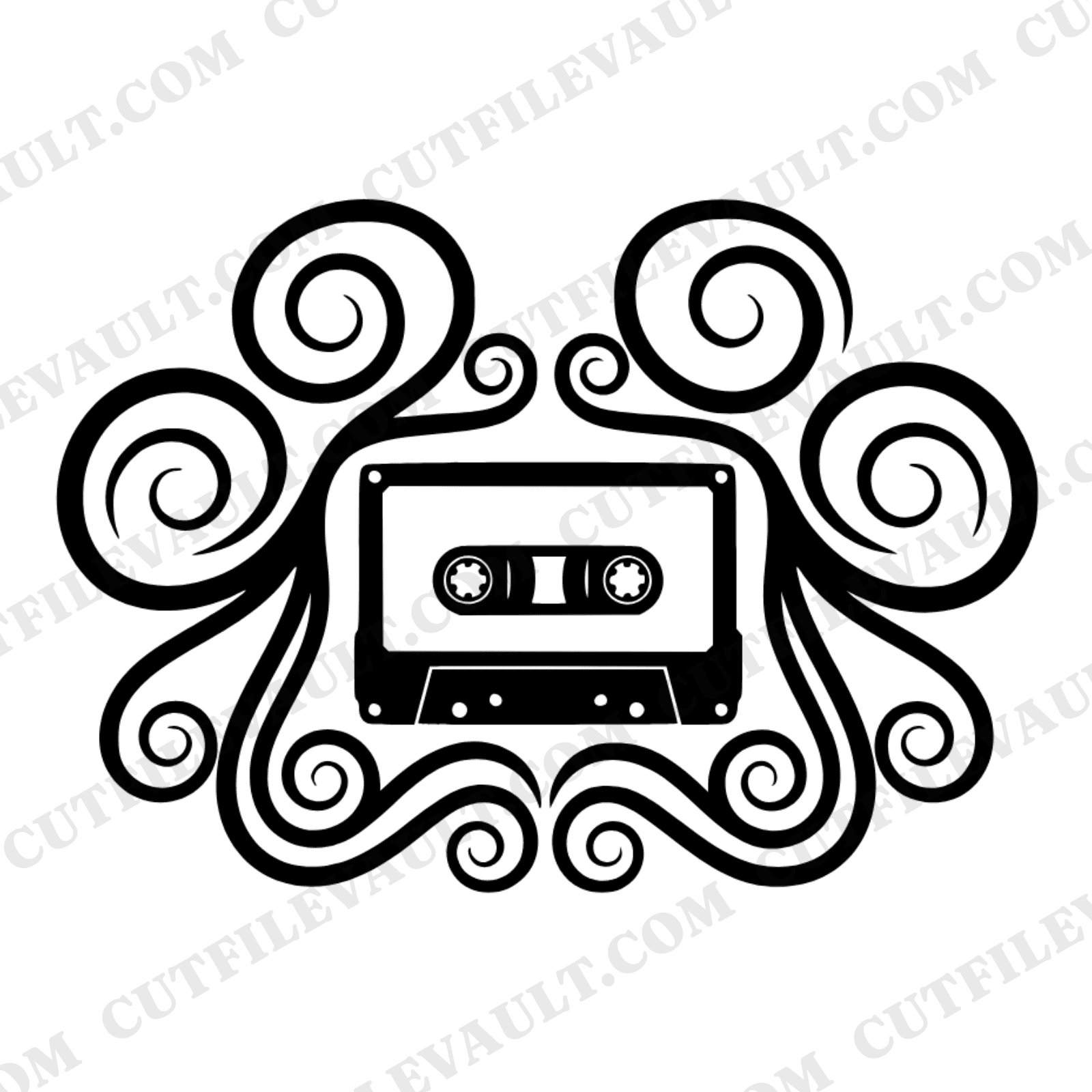 Retro Cassette Summer Solstice SVG PNG, 70s Boho Spiral Tape Cut File, Groovy Silhouette Design — view 1