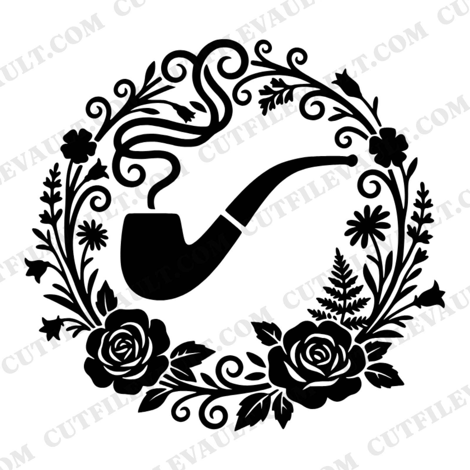 Vintage Pipe Smoke Wreath Monogram Frame SVG PNG, Cottagecore Floral Father's Day Cut File — view 1