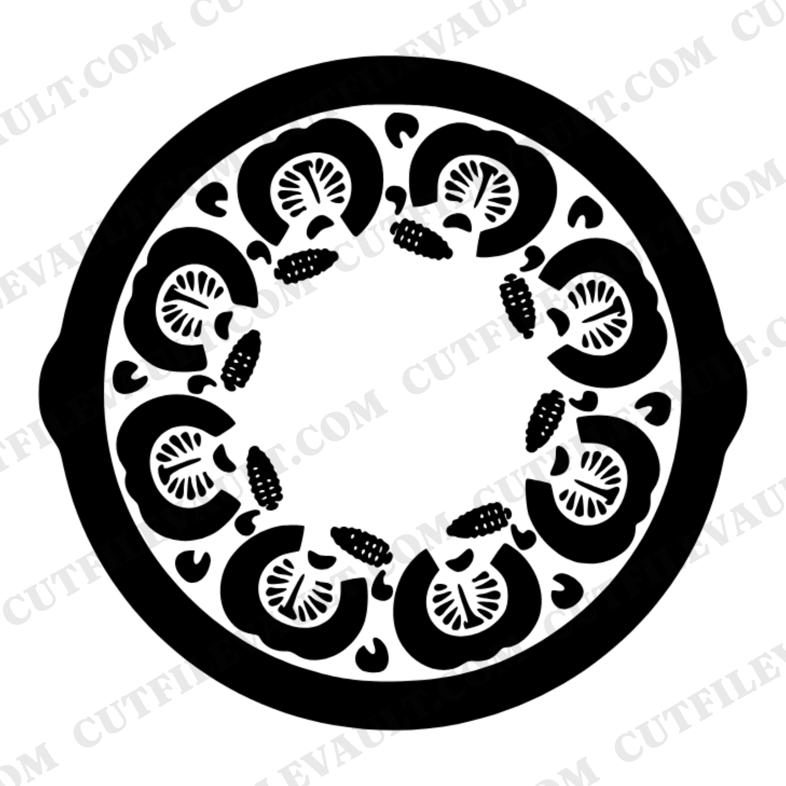 Harvest Skillet Wreath SVG PNG, Cast Iron Thanksgiving Pumpkin Corn Squash Fall Kitchen Cut File — view 1