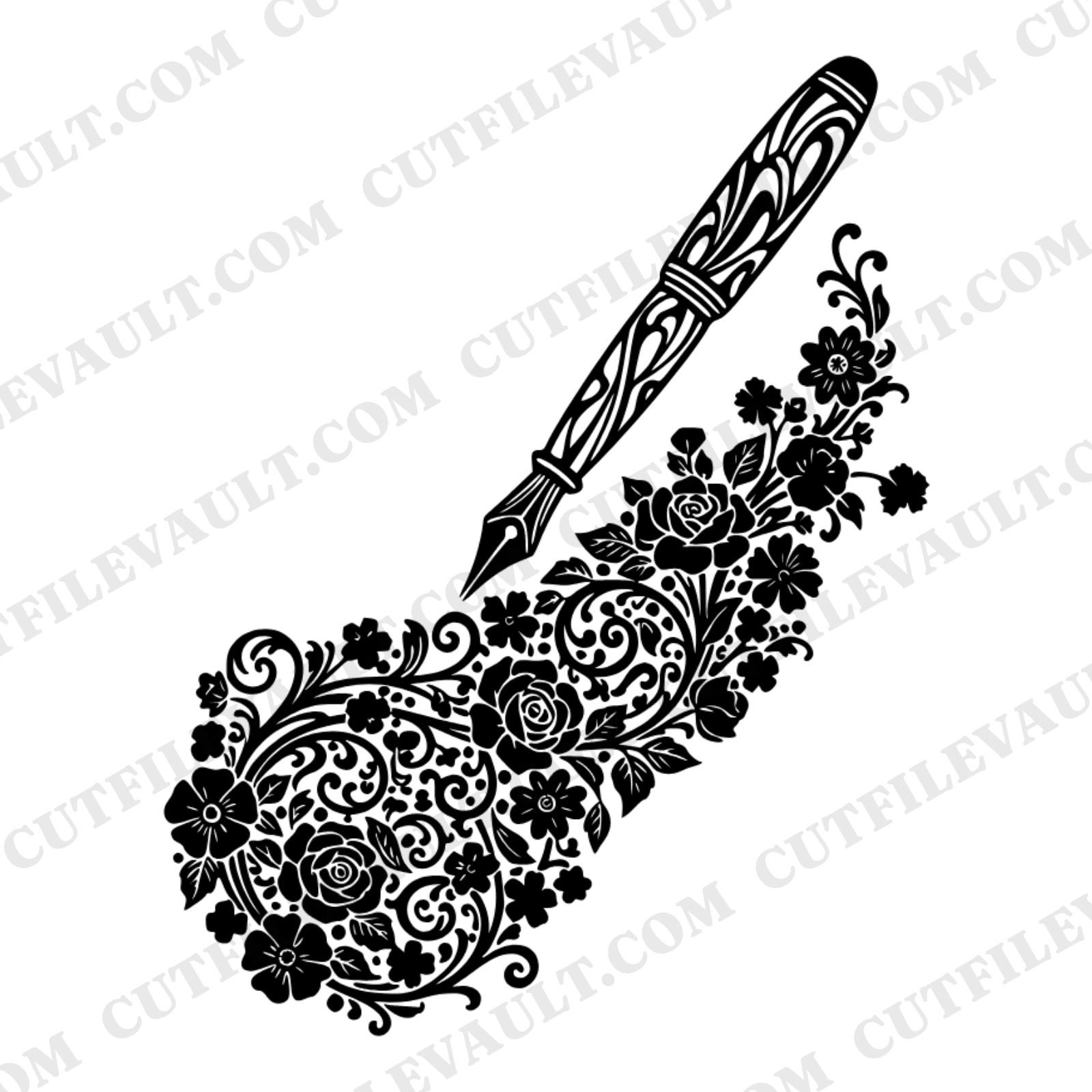 Art Nouveau Fountain Pen SVG PNG, Floral Ink Flourish Cut File, Cottagecore Writing Clipart — view 1