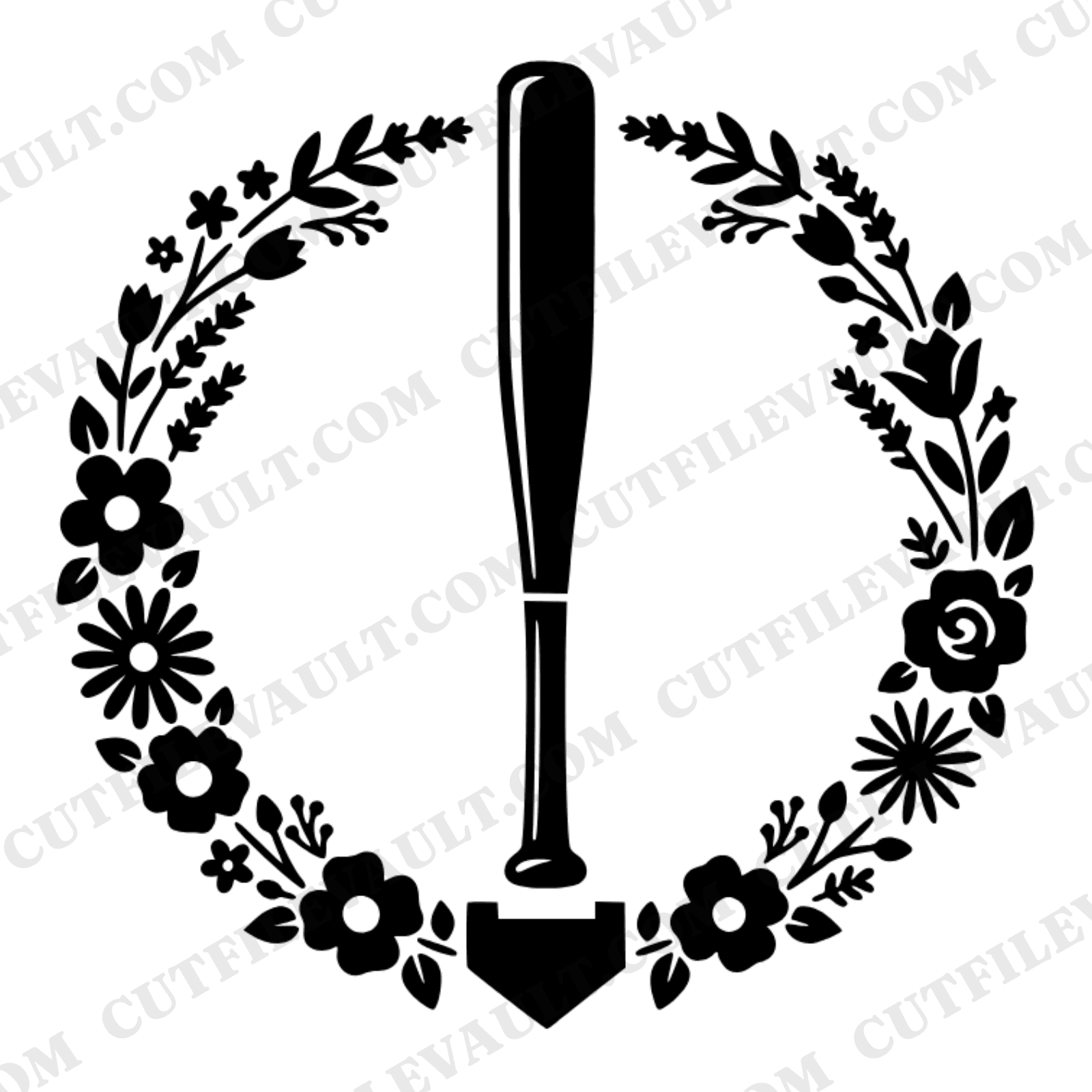 Vintage Baseball Bat SVG PNG, Floral Wreath Home Plate Cut File, Cottagecore Father's Day Design — view 1