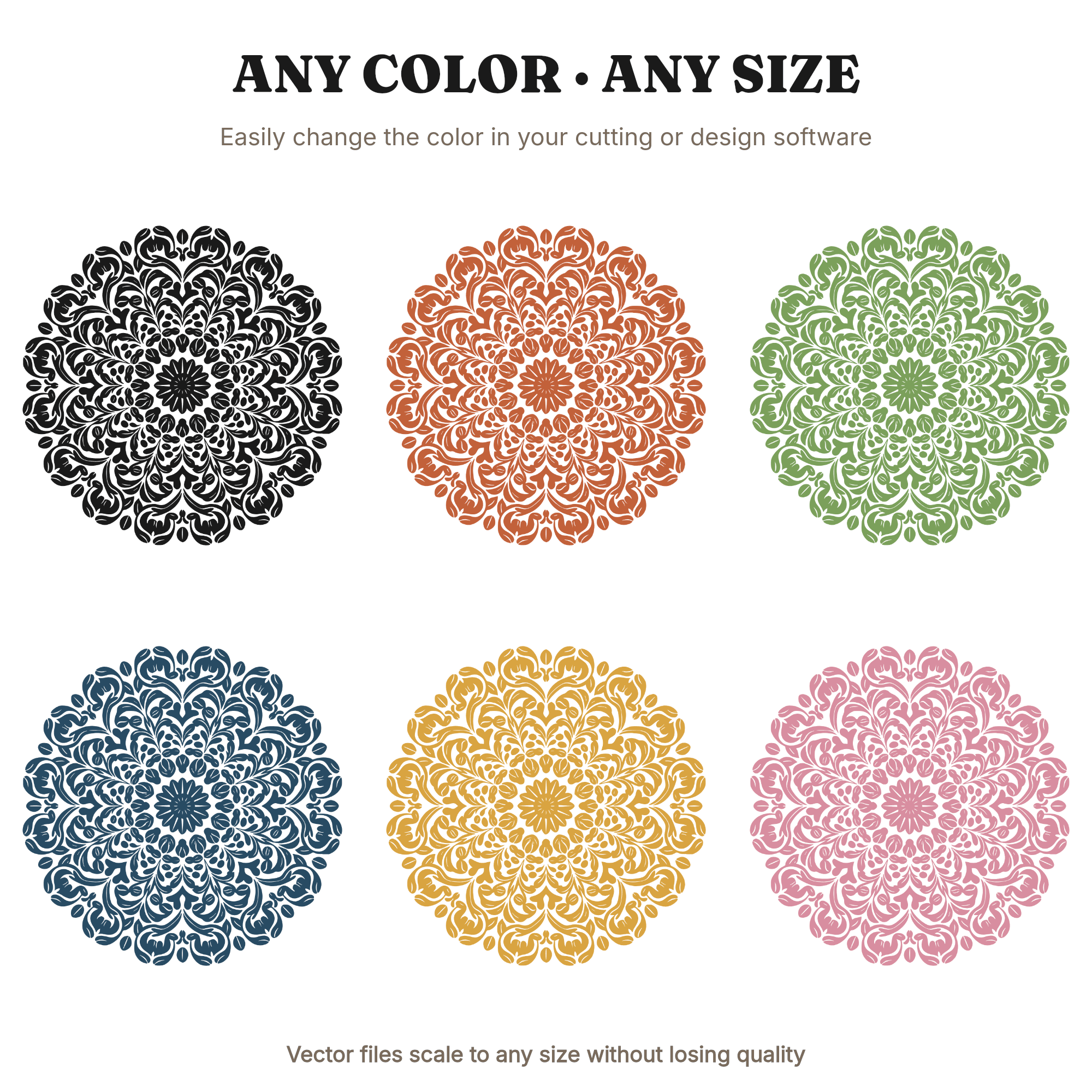 National Coffee Day Mandala SVG PNG, Coffee Bean Concentric Circles Cut File, Cottagecore Floral Design — view 2