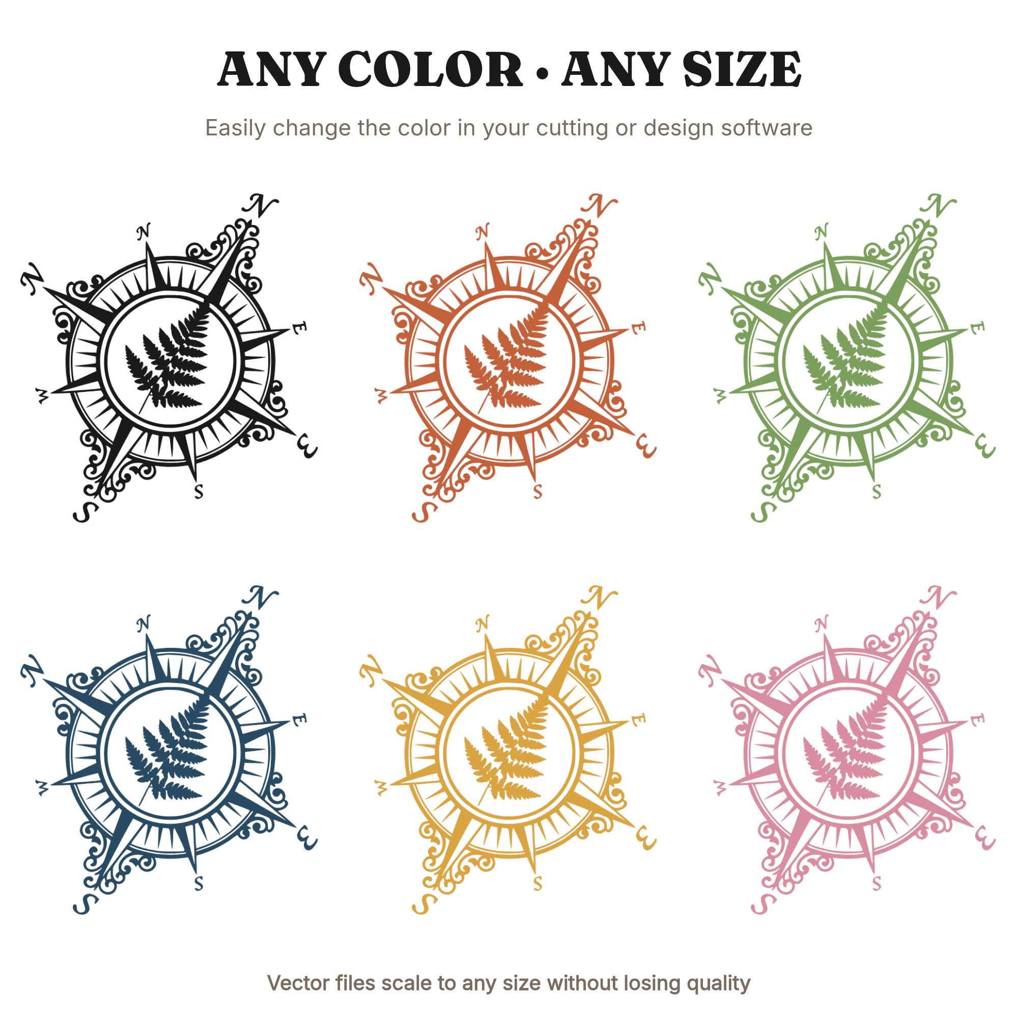 Vintage Compass Rose Fern SVG PNG, Father's Day Botanical Cut File, Cottagecore Adventure Design — view 2