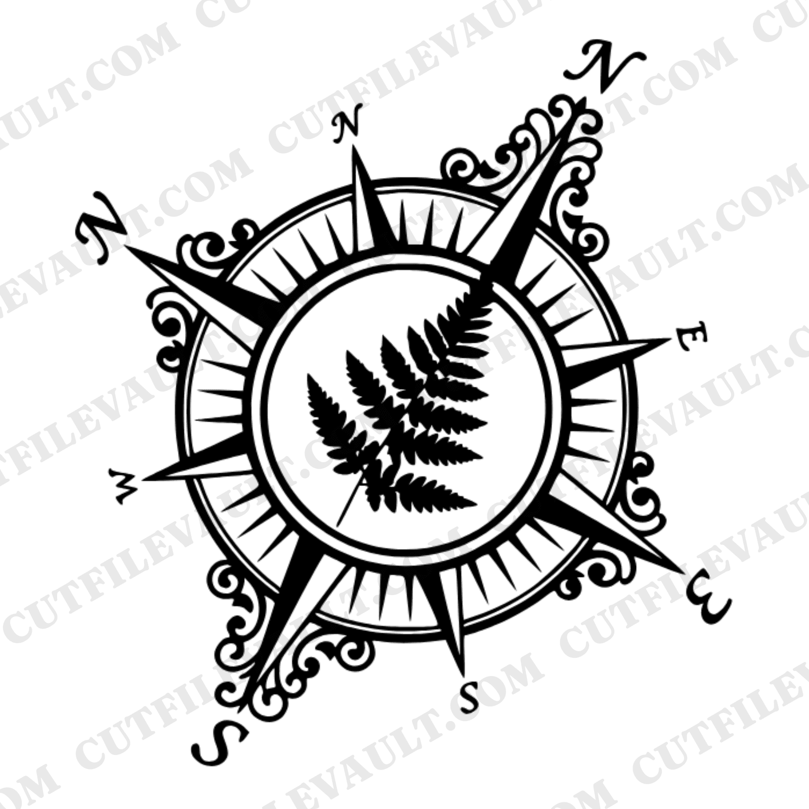 Vintage Compass Rose Fern SVG PNG, Father's Day Botanical Cut File, Cottagecore Adventure Design — view 1