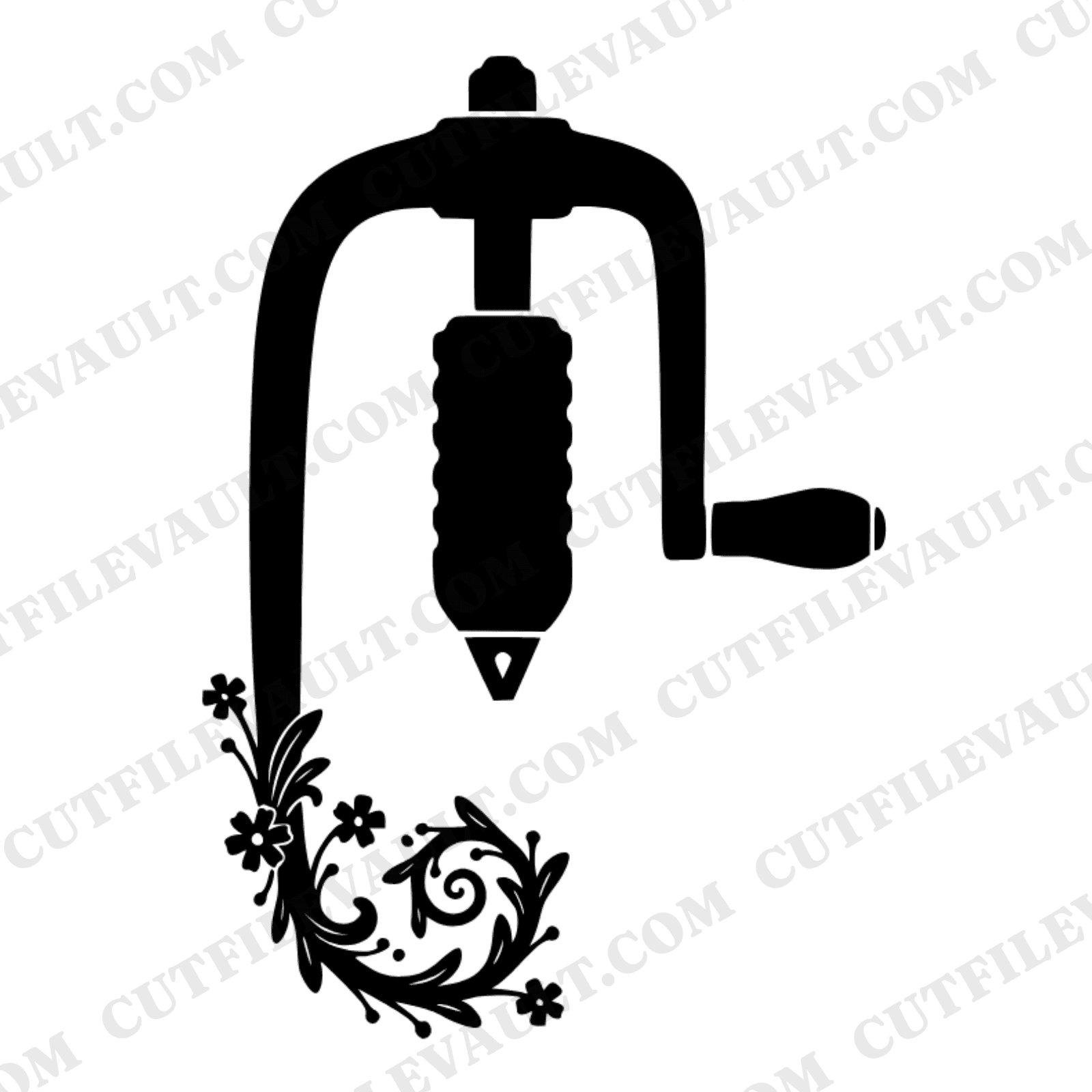 Vintage Brace Drill SVG PNG, Cottagecore Floral Tool Cut File, Carpenter Craftsmanship Design — view 1
