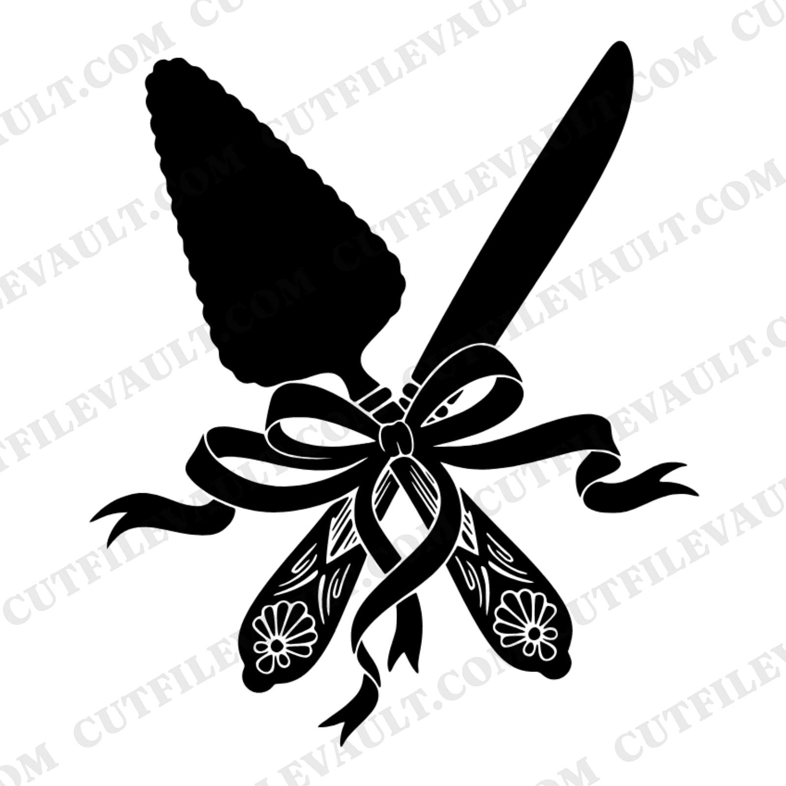 Vintage Cake Server Knife SVG PNG, Crossed Ribbon Wrap, Retro Wedding Bridal Shower Cut File — view 1