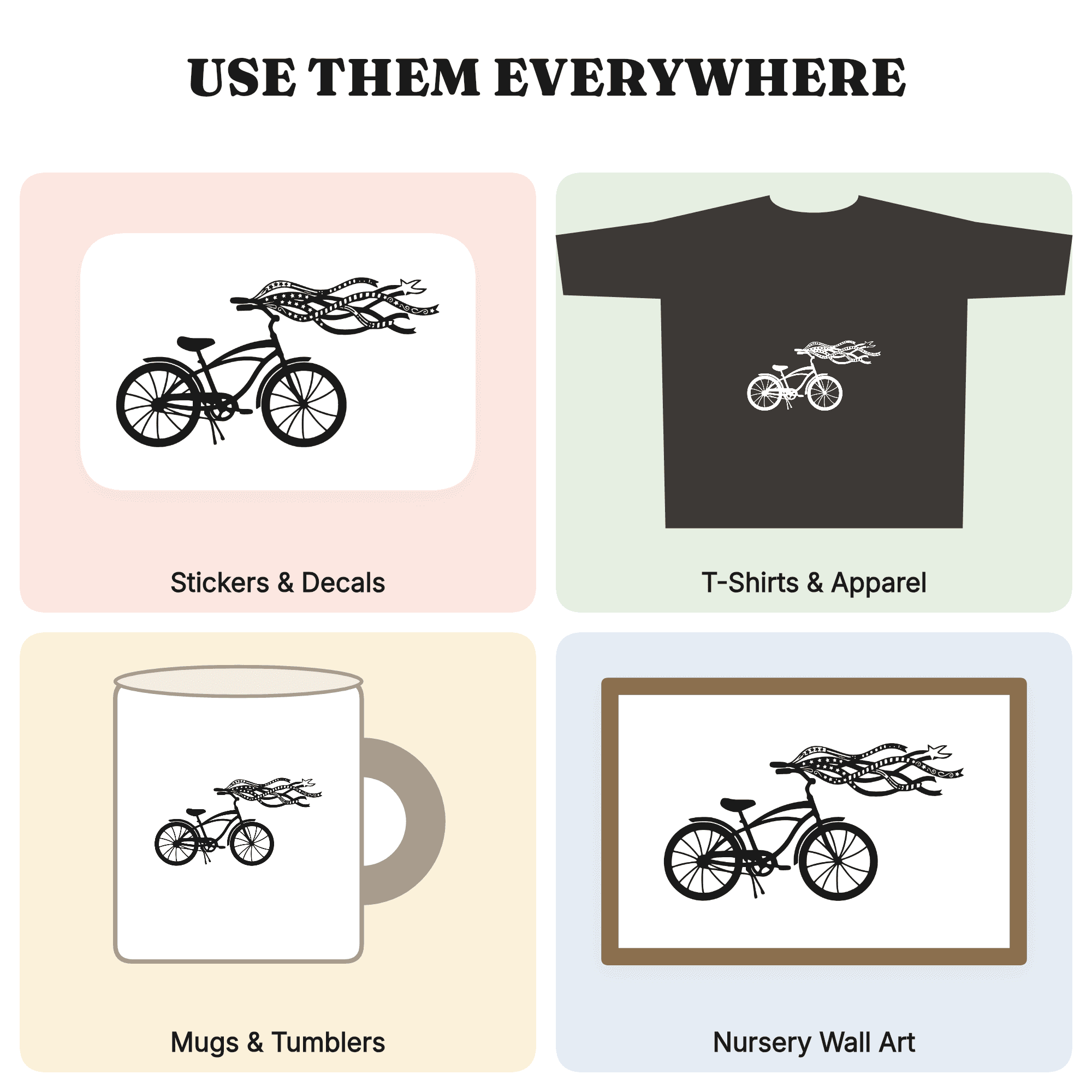 Whimsical July 4th Cruiser Bike SVG PNG, Boho Bicycle with Streamers, Patriotic Summer Cut File — view 3