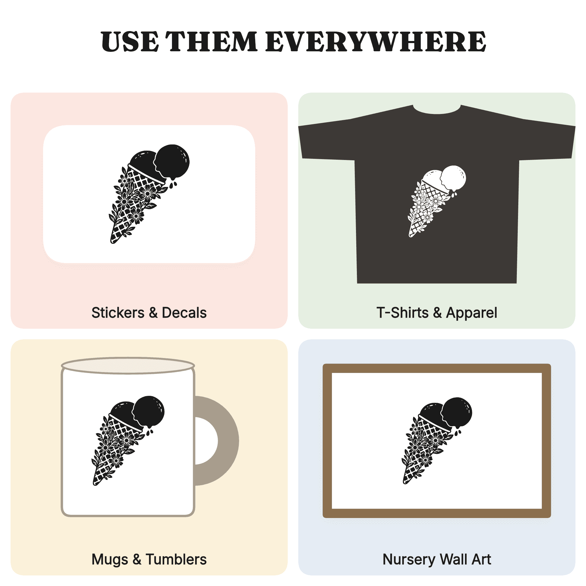 Gravity Defying Ice Cream Cone SVG PNG, Cottagecore Floral Waffle Cone Cut File, Summer SVG — view 3