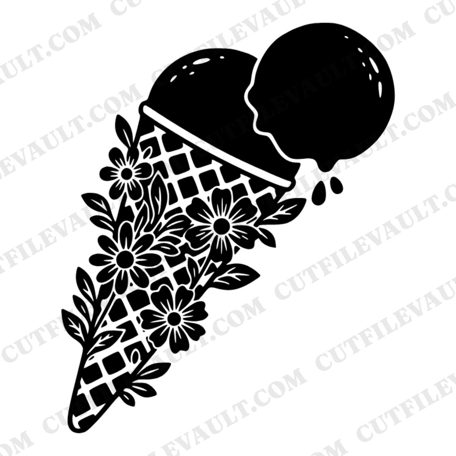 Gravity Defying Ice Cream Cone SVG PNG, Cottagecore Floral Waffle Cone Cut File, Summer SVG — view 1