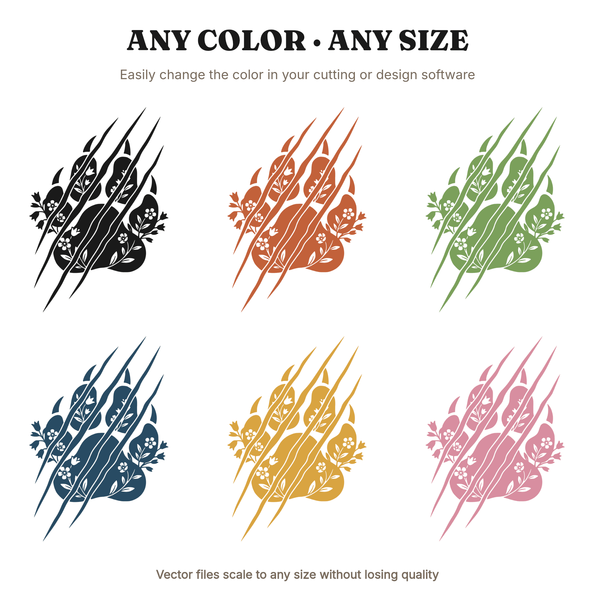 Wildwood Werewolf Paw Print SVG PNG, Floral Claw Marks Cut File, Cottagecore Halloween Design — view 2