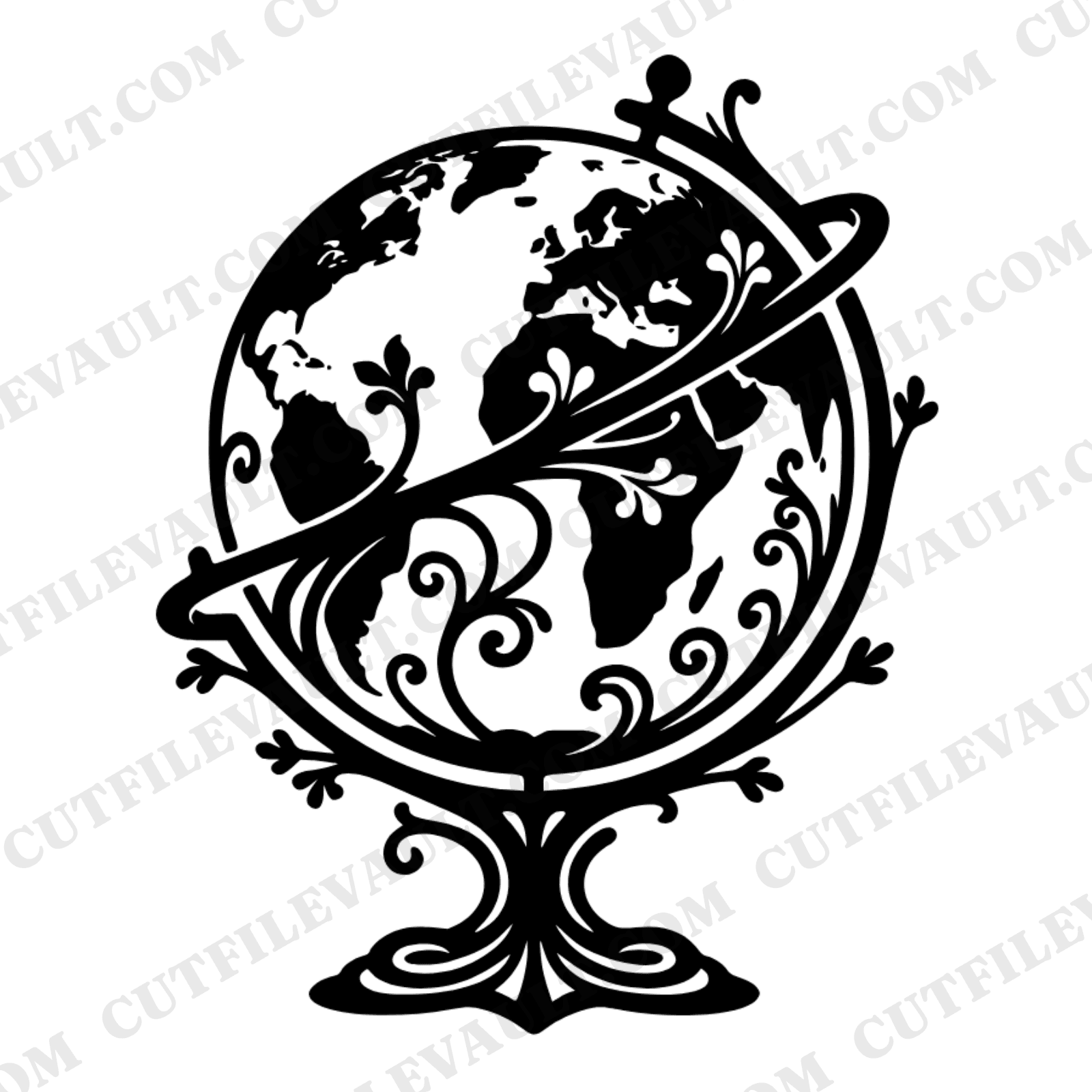 Art Nouveau Globe SVG PNG, Floral World Map Cut File, Back to School Globe Stand, Educational Decor — view 1