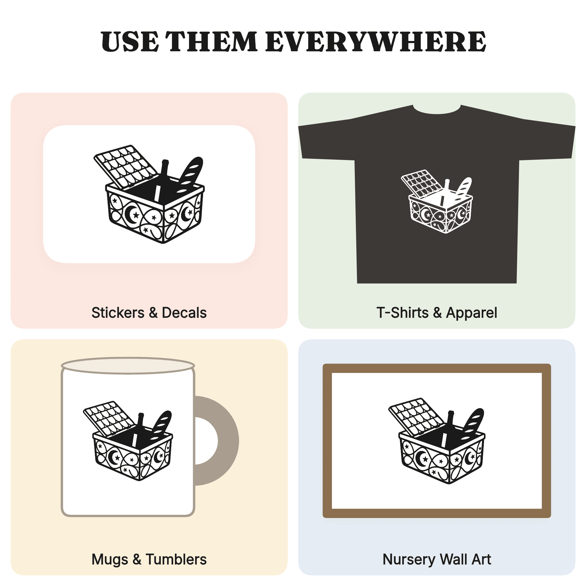Mystical Picnic Basket SVG PNG, Celestial Moon Phase Wicker Basket Cut File, National Picnic Day — view 3
