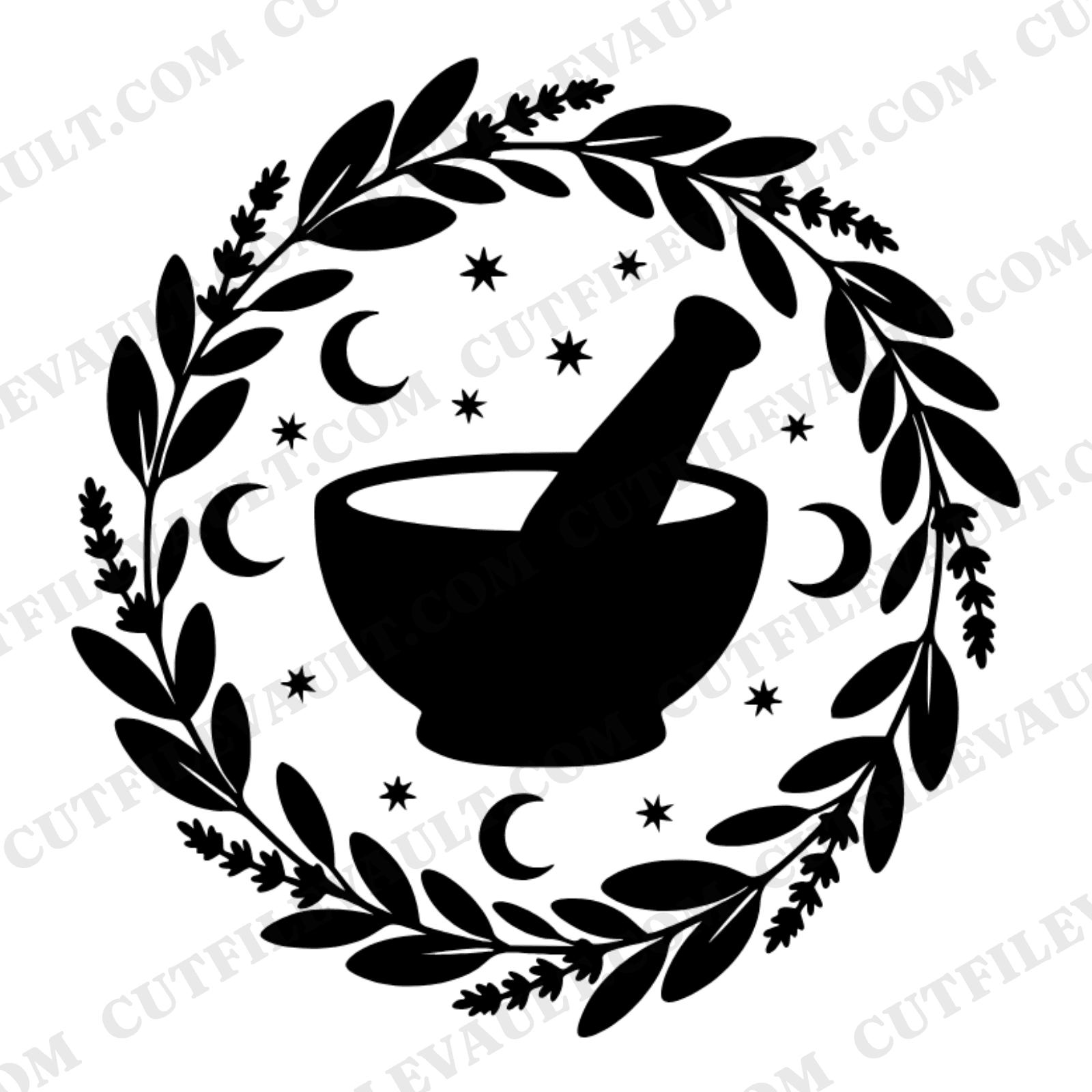Kitchen Witch Mortar and Pestle SVG PNG, Celestial Wreath Herbalist Cut File, Witchy Academia — view 1