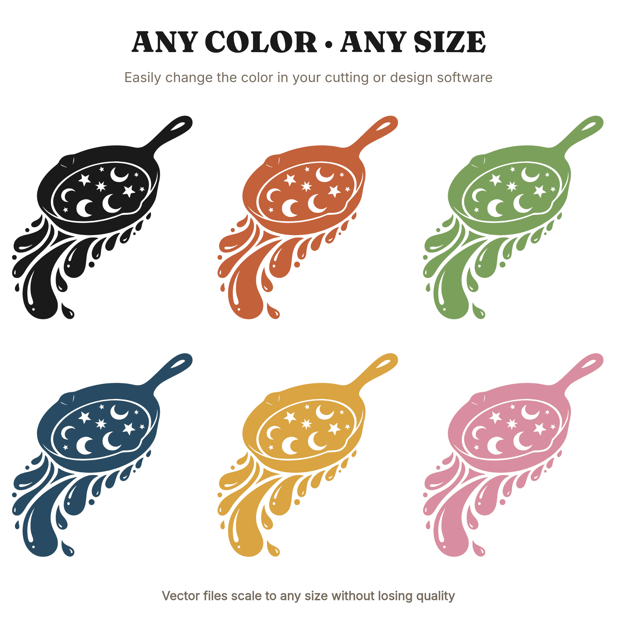 Celestial Cast Iron Skillet SVG PNG, Mystical Kitchen Cooking Cut File, Moon Stars Skillet Design — view 2